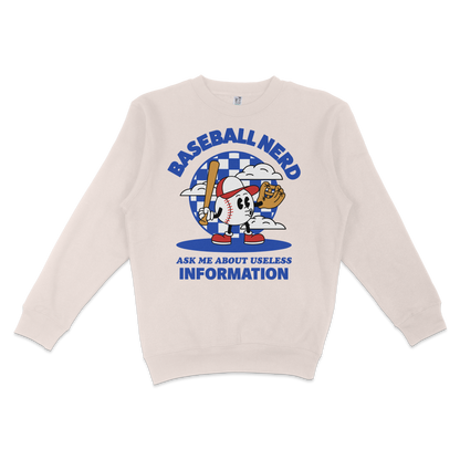 Cream crewneck sweatshirt featuring a cartoon baseball character with a bat and glove, surrounded by clouds and checkered background, with bold blue text.