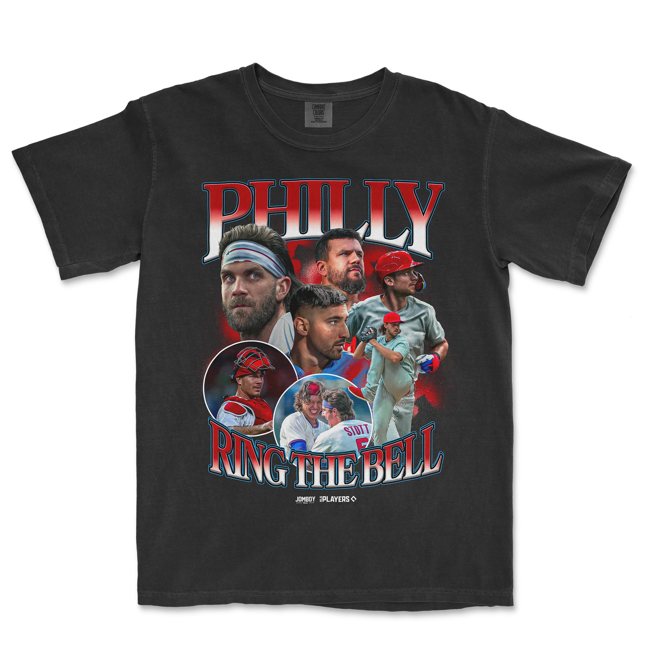Black T-shirt featuring a collage of baseball players with "Philly Ring the Bell" text in bold red and blue letters.