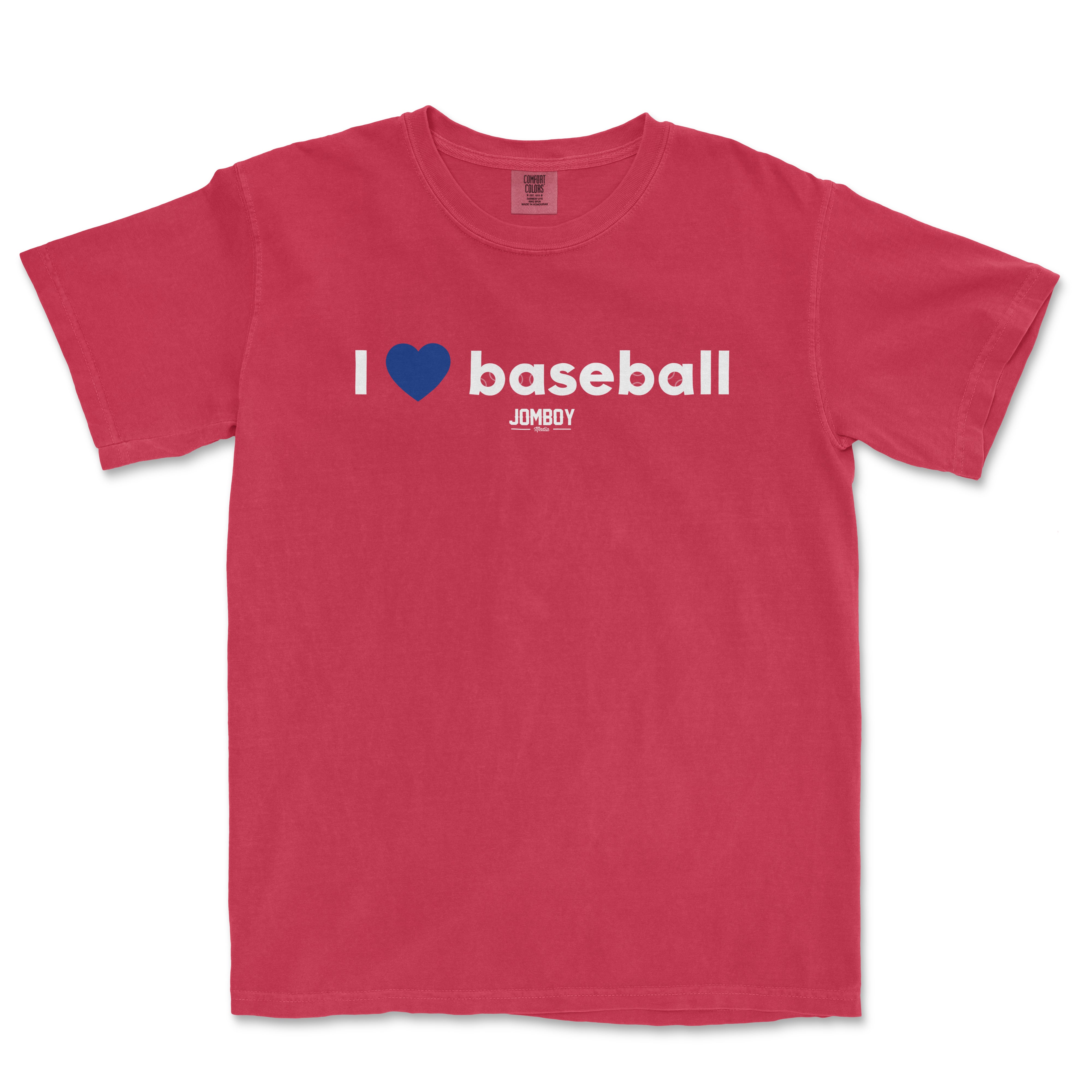 Red vintage Comfort Colors T-shirt with white and blue text that reads "I ♥ baseball" and "JOMBOY" underneath.