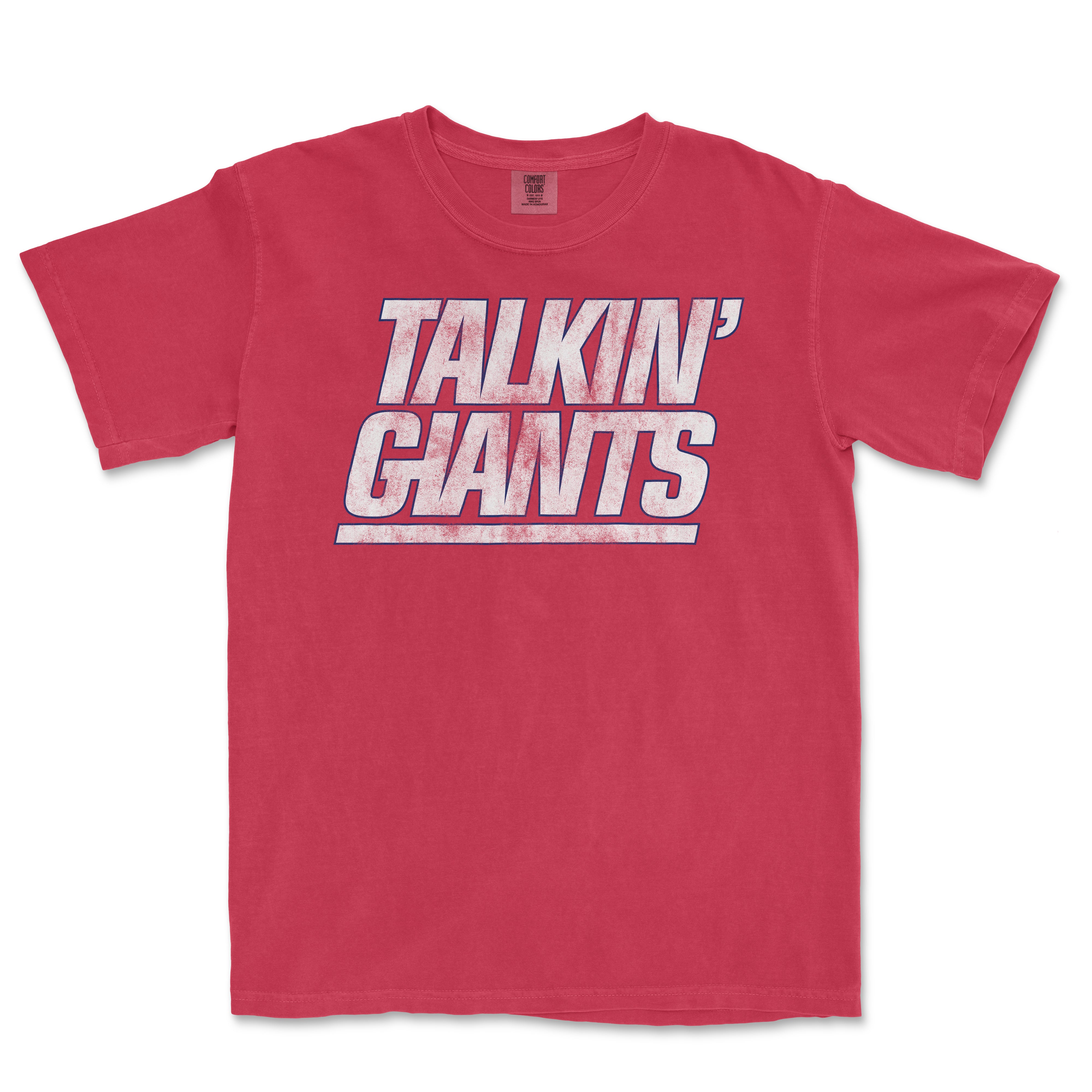 Red T-shirt with bold, distressed "Talkin' Giants" text in white and purple, featuring a vintage sports-inspired design.