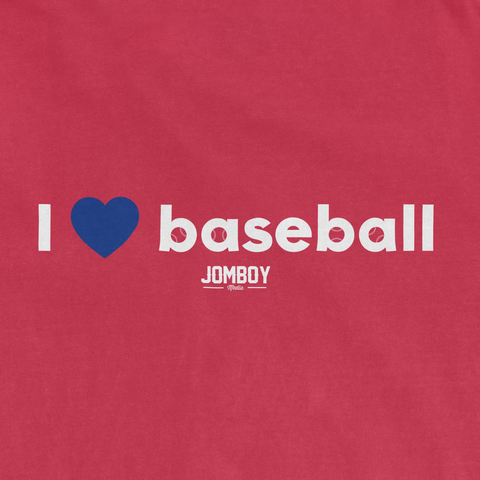 Red vintage T-shirt with white text reading "I ♥️ baseball" and "JOMBOY Media," featuring small baseball icons inside the letters.
