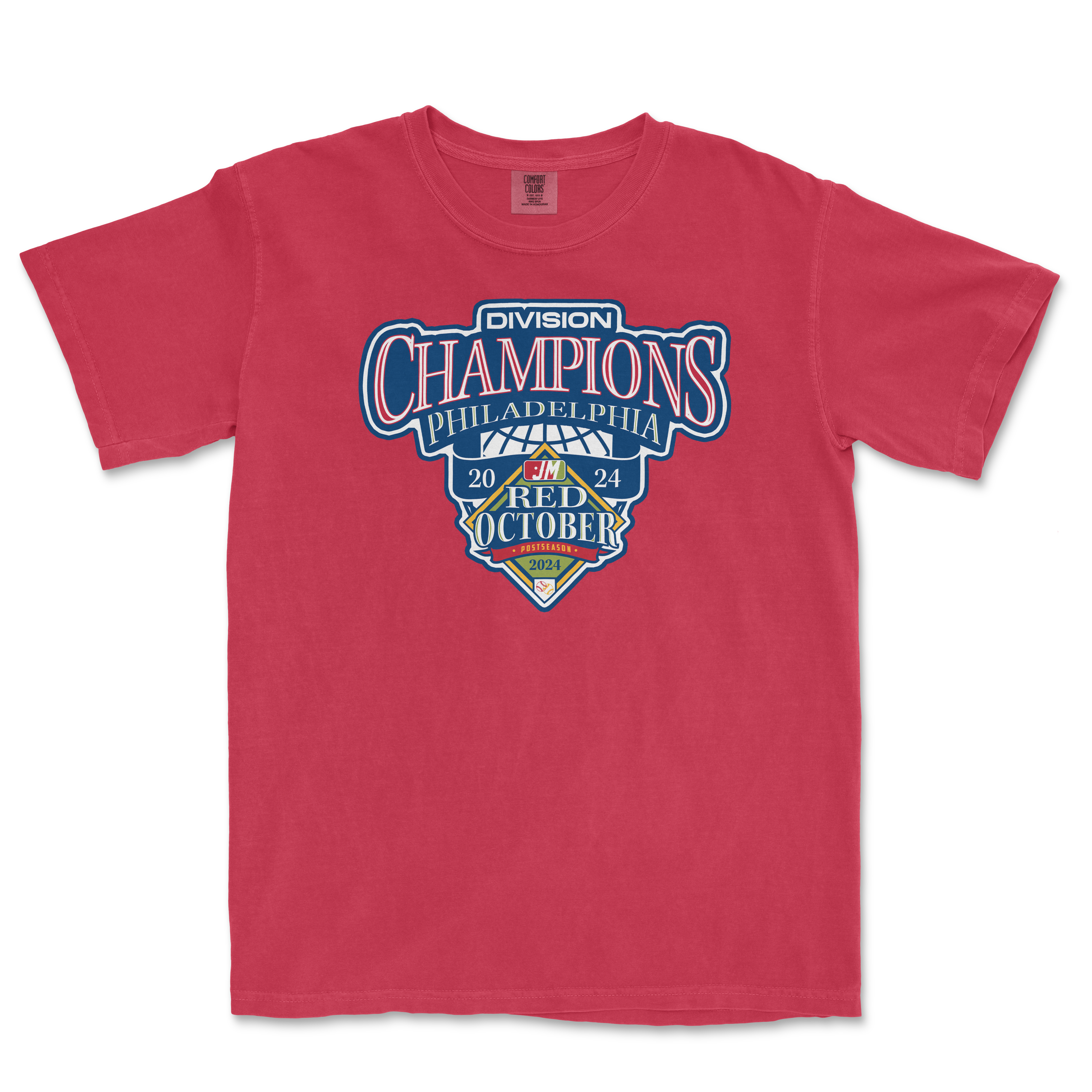 Red T-shirt celebrating the PHI Division Champions, Philadelphia, with a 2024 postseason badge and October victory logo.