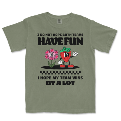 Comfort Colors green T-shirt with playful cartoon strawberry and flower, featuring text about team winning and having fun.
