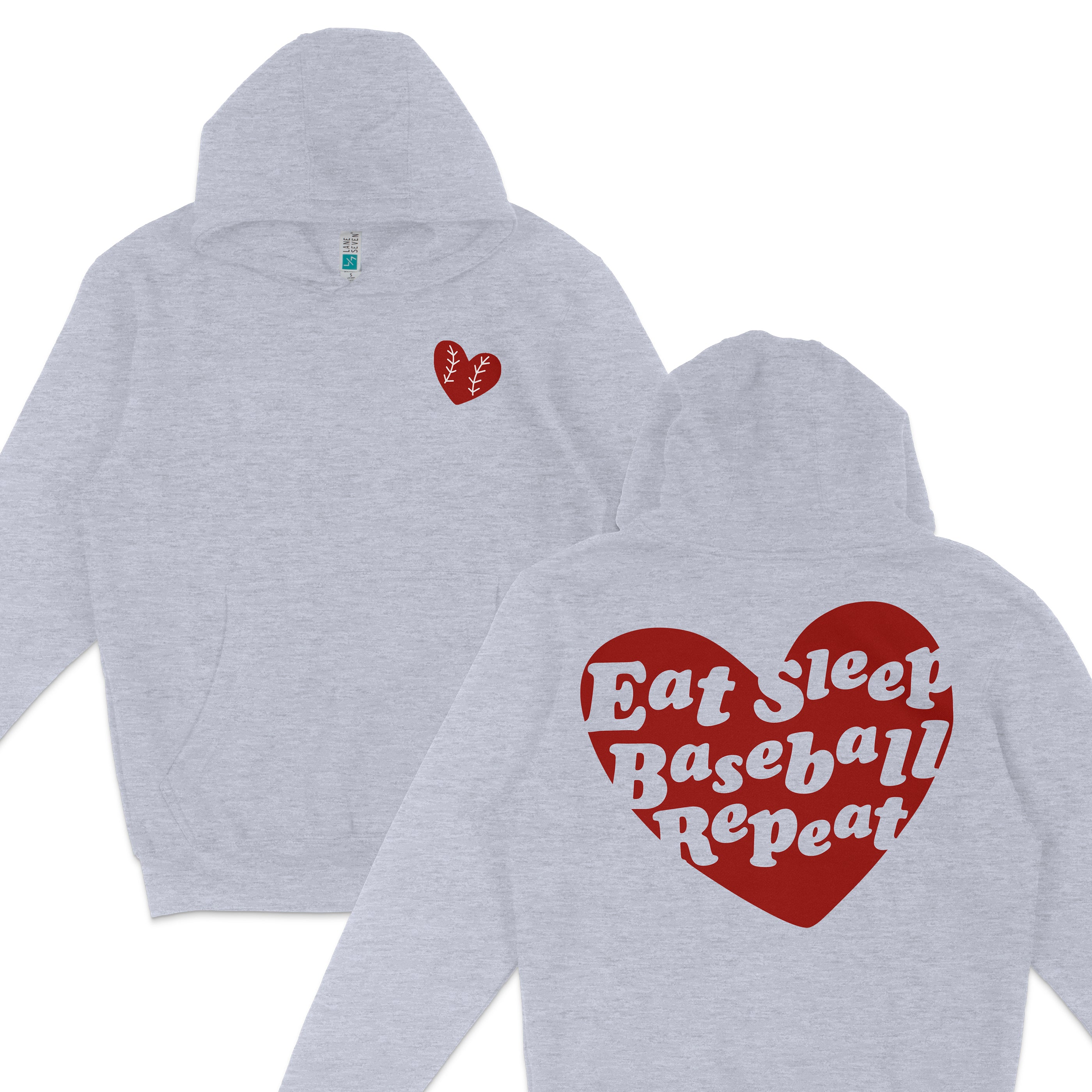 Gray hoodie with a small red heart and white baseball stitches on the front; large red heart with "Eat Sleep Baseball Repeat" text on the back.