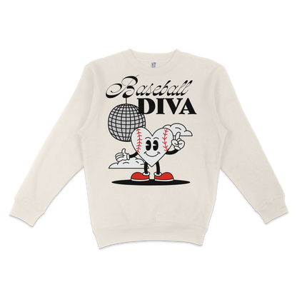 White crewneck sweatshirt featuring a cartoon heart with baseball stitching, sneakers, and the text "Baseball Diva" in black script and block fonts.