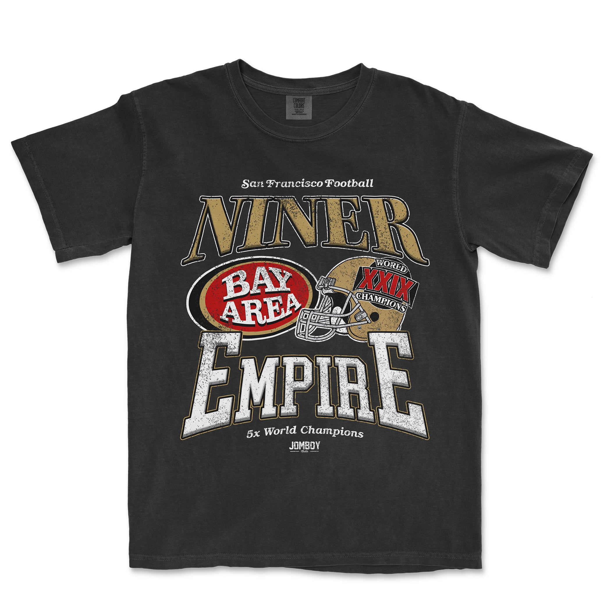 Black T-shirt featuring vintage-style graphics celebrating the Niner Empire, San Francisco football, and five-time world champions.