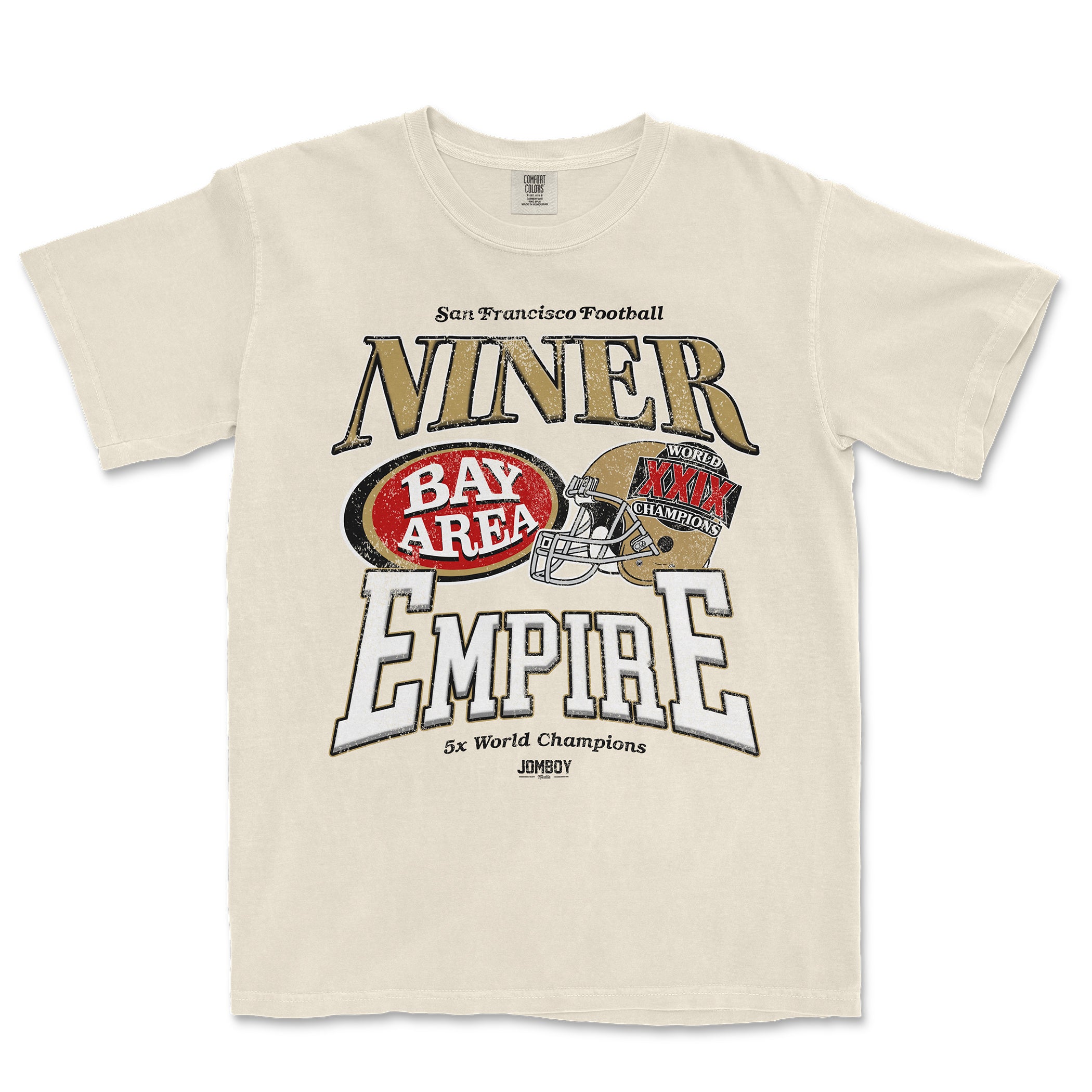 Beige T-shirt featuring "The Niner Empire" logo with San Francisco football team references, a football helmet, and championship text.