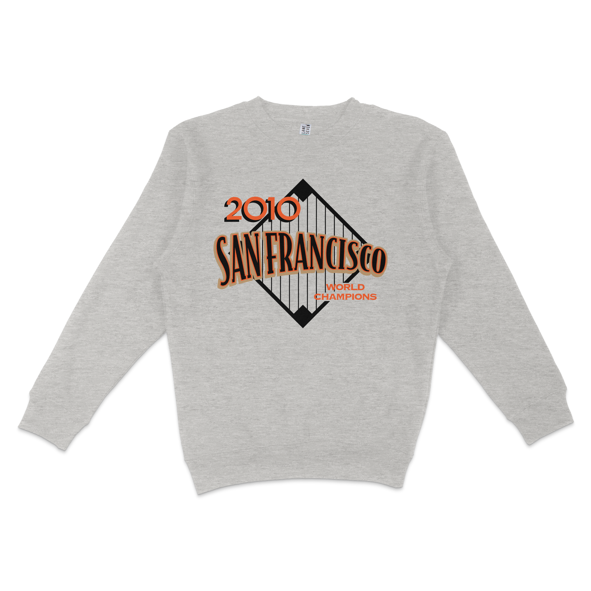 Gray crewneck sweatshirt featuring a vintage-style graphic design celebrating San Francisco's 2010 World Championship win.