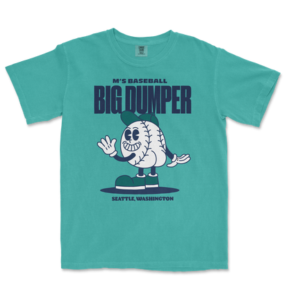 Teal t-shirt featuring a cartoon baseball character named Big Dumper, with text reading "M's Baseball" and "Seattle, Washington.