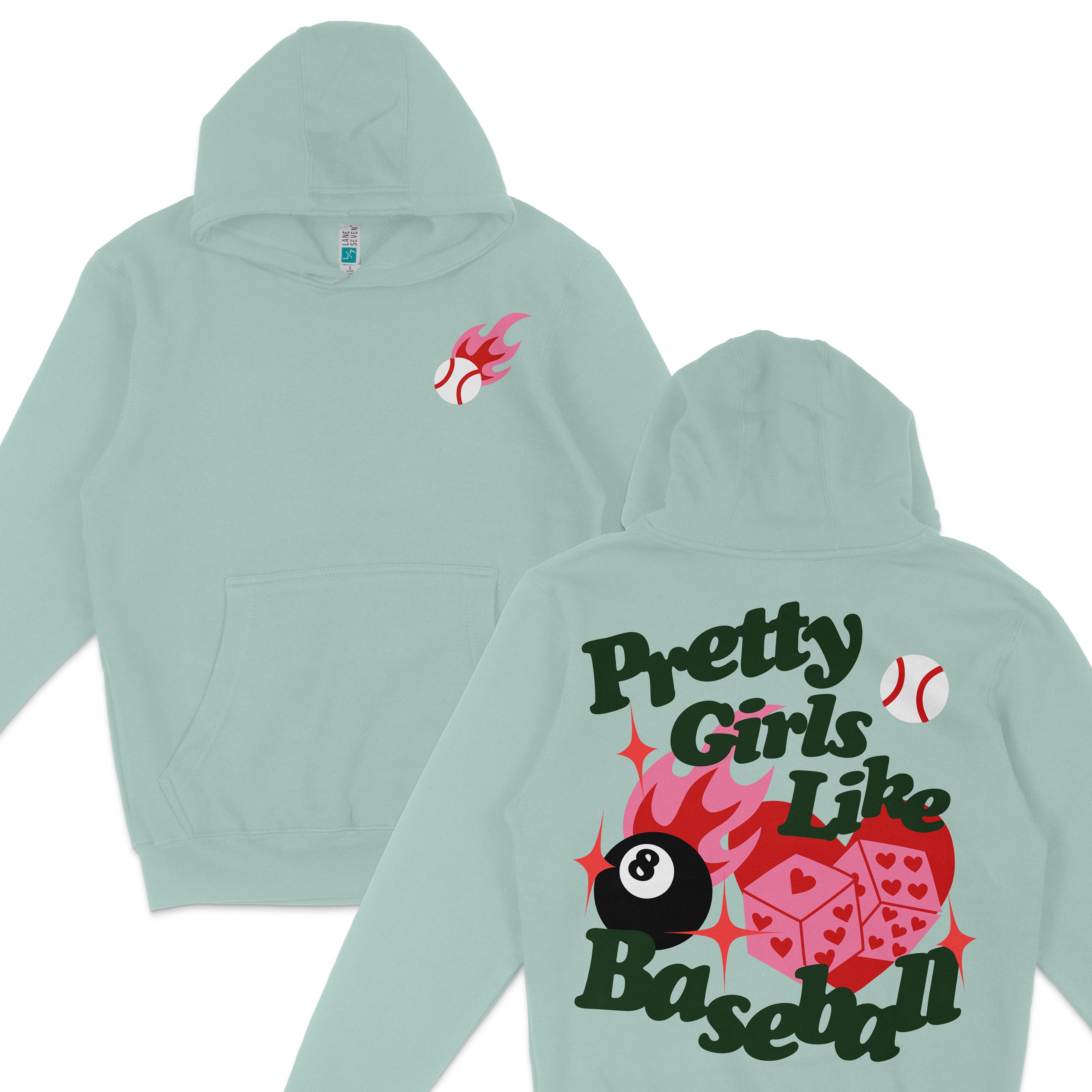 Light green hoodie featuring a baseball with flames on the front and bold text "Pretty Girls Like Baseball" with baseball-themed graphics on the back.