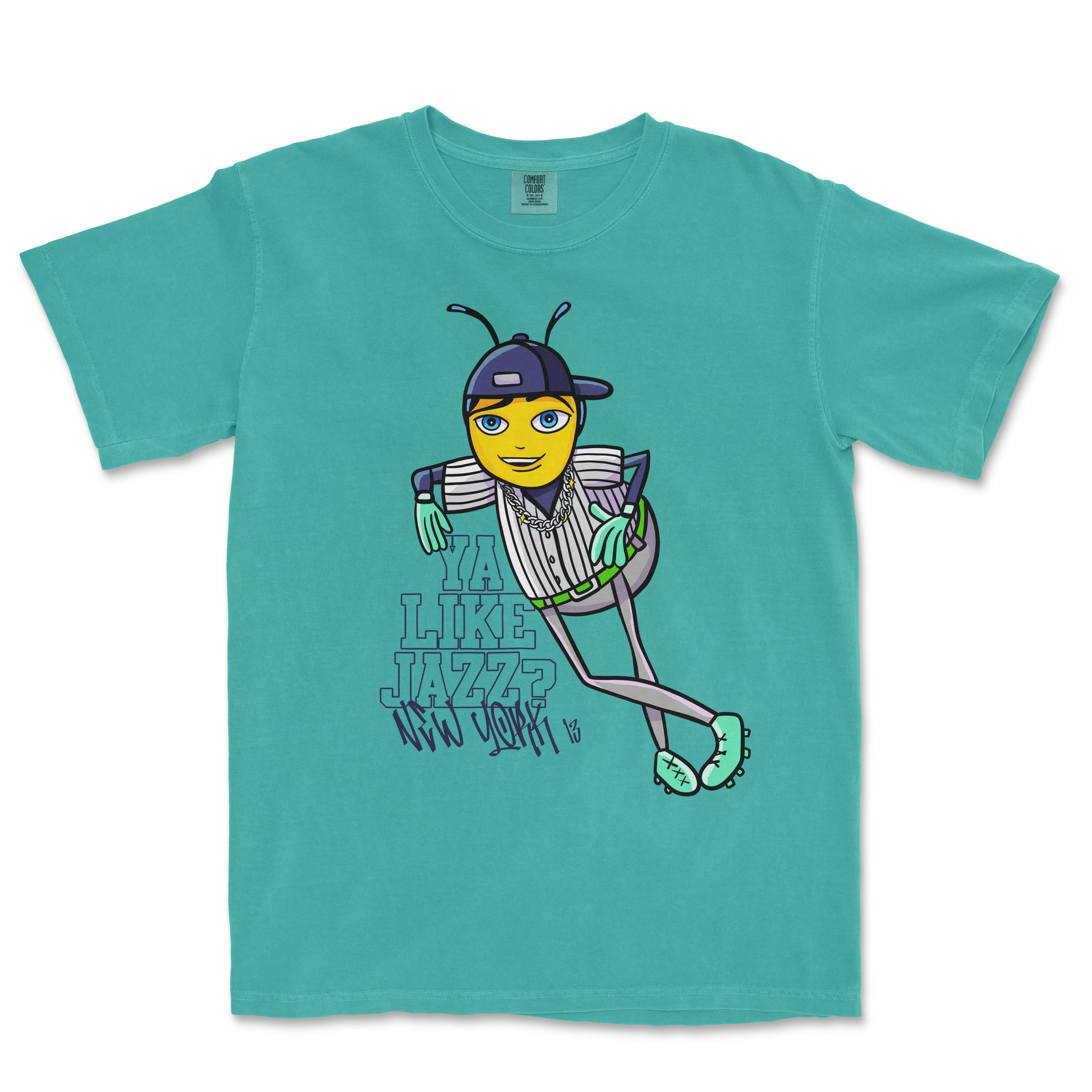 A turquoise T-shirt featuring a cartoon bee dressed in hip-hop style with a cap, chains, and sneakers, with the text "YA LIKE JAZZ?" and "New York.