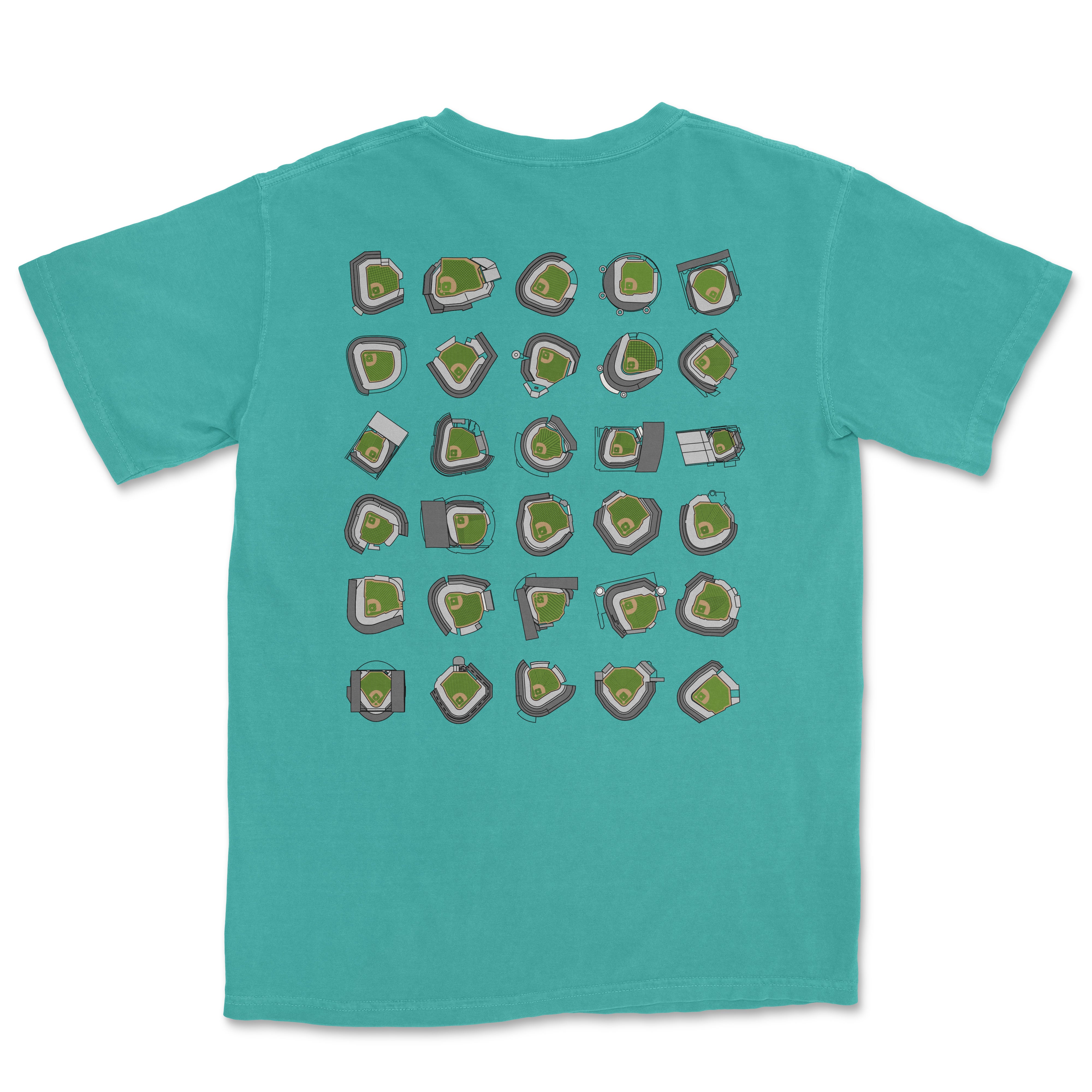 A turquoise T-shirt featuring multiple stylized illustrations of baseball stadiums arranged in a grid pattern.