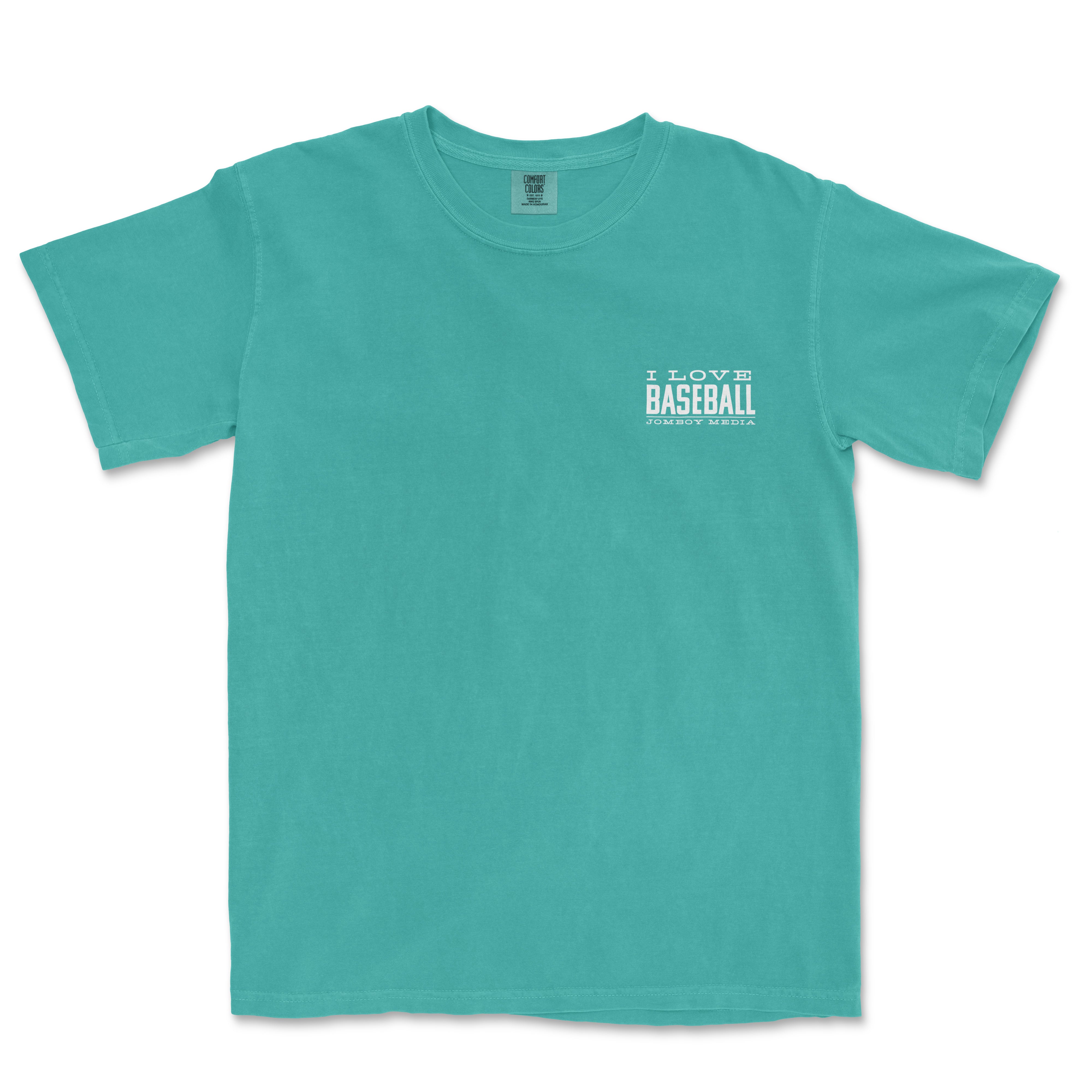 Turquoise T-shirt with "I Love Baseball" text and "Jomboy Media" logo on the front left chest area.
