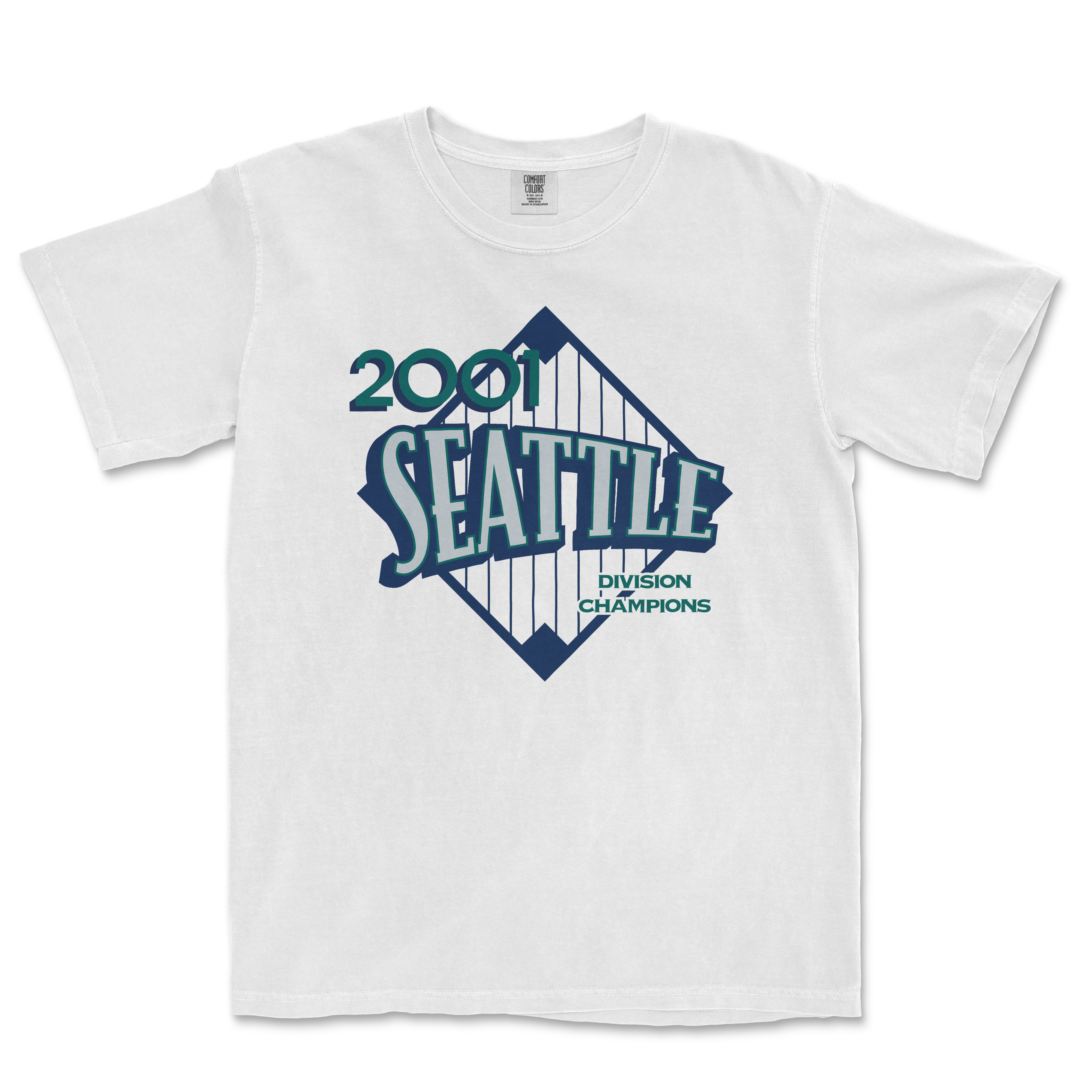 White T-shirt featuring a vintage Seattle design with "2001" and "Division Champions" text, and a stylized bridge graphic.