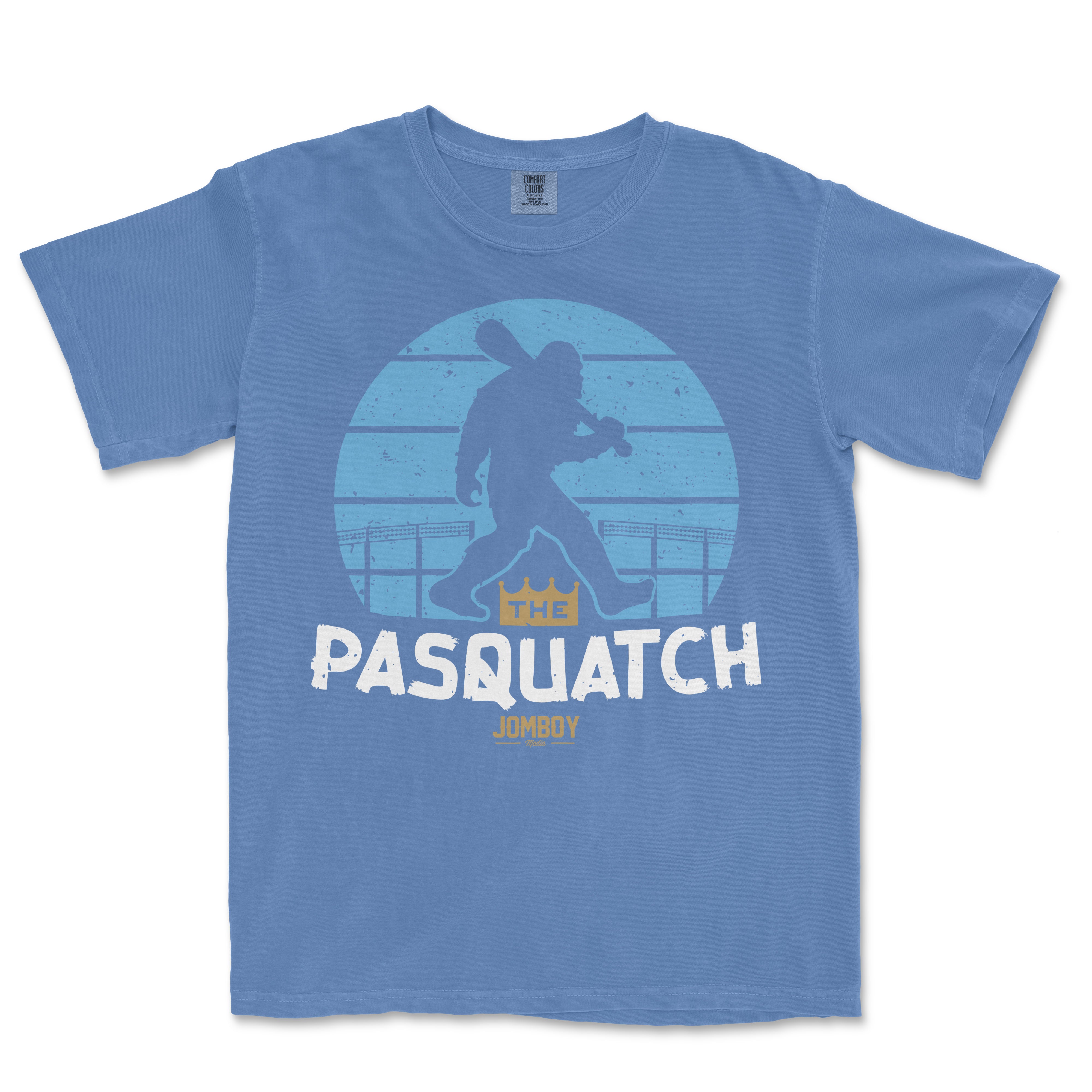 Blue T-shirt featuring a silhouette of a person with a baseball bat, standing in front of a circular background with "The Pasquatch" text.