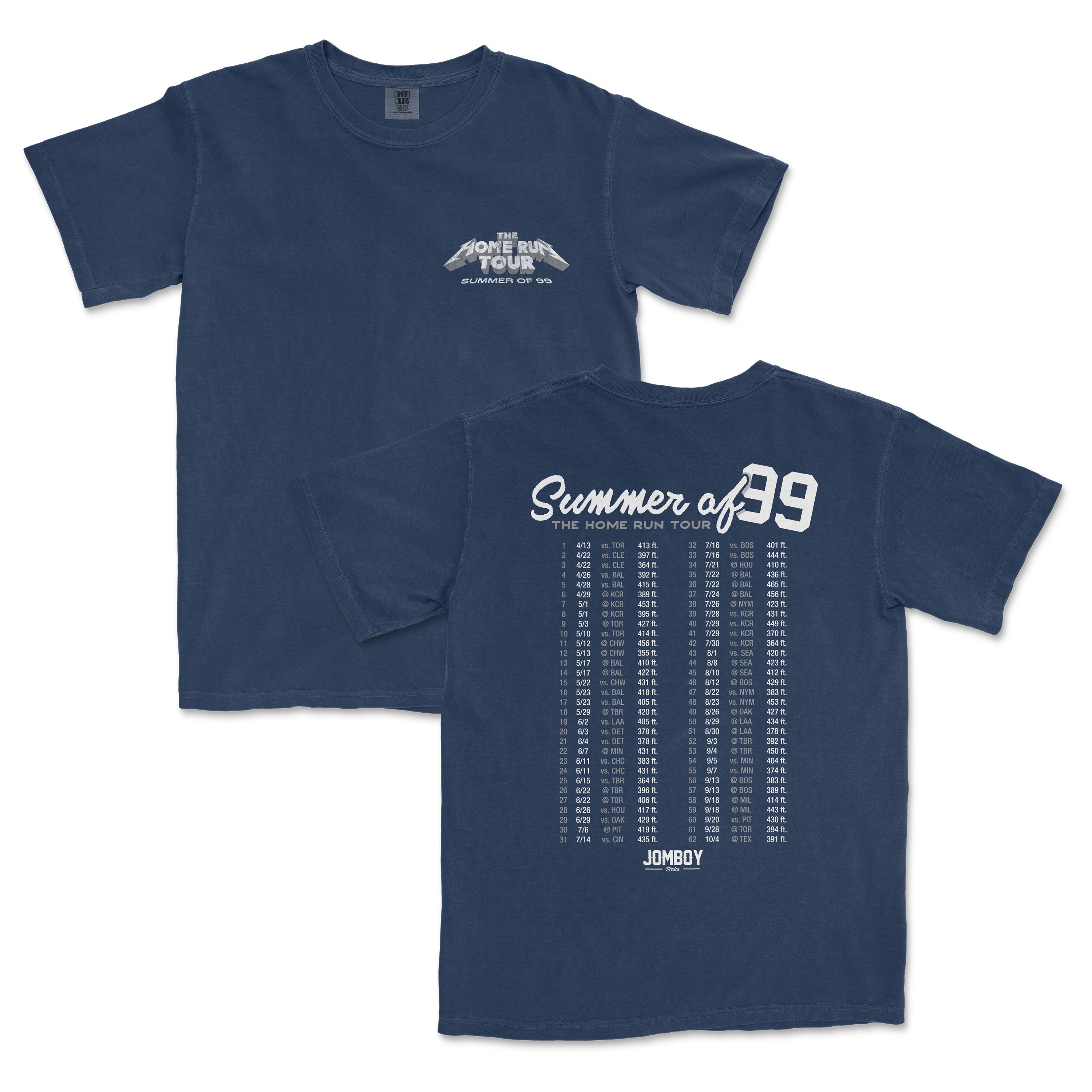 Blue T-shirt featuring "Summer of 99" text and a tour schedule printed on the back, celebrating the 1999 Summer Home Run Tour.