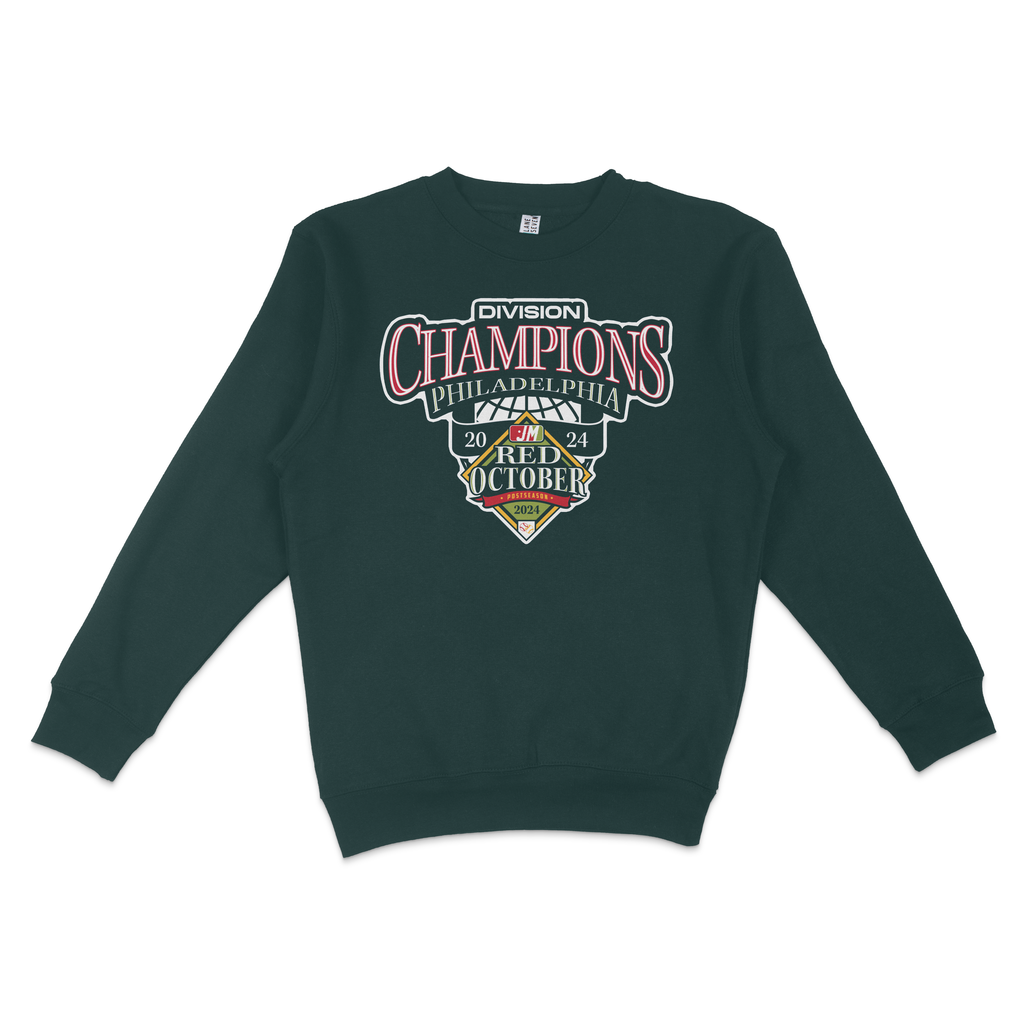 Dark green crewneck sweatshirt featuring colorful "PHI Division Champions" and "Red October 2024" graphic design.