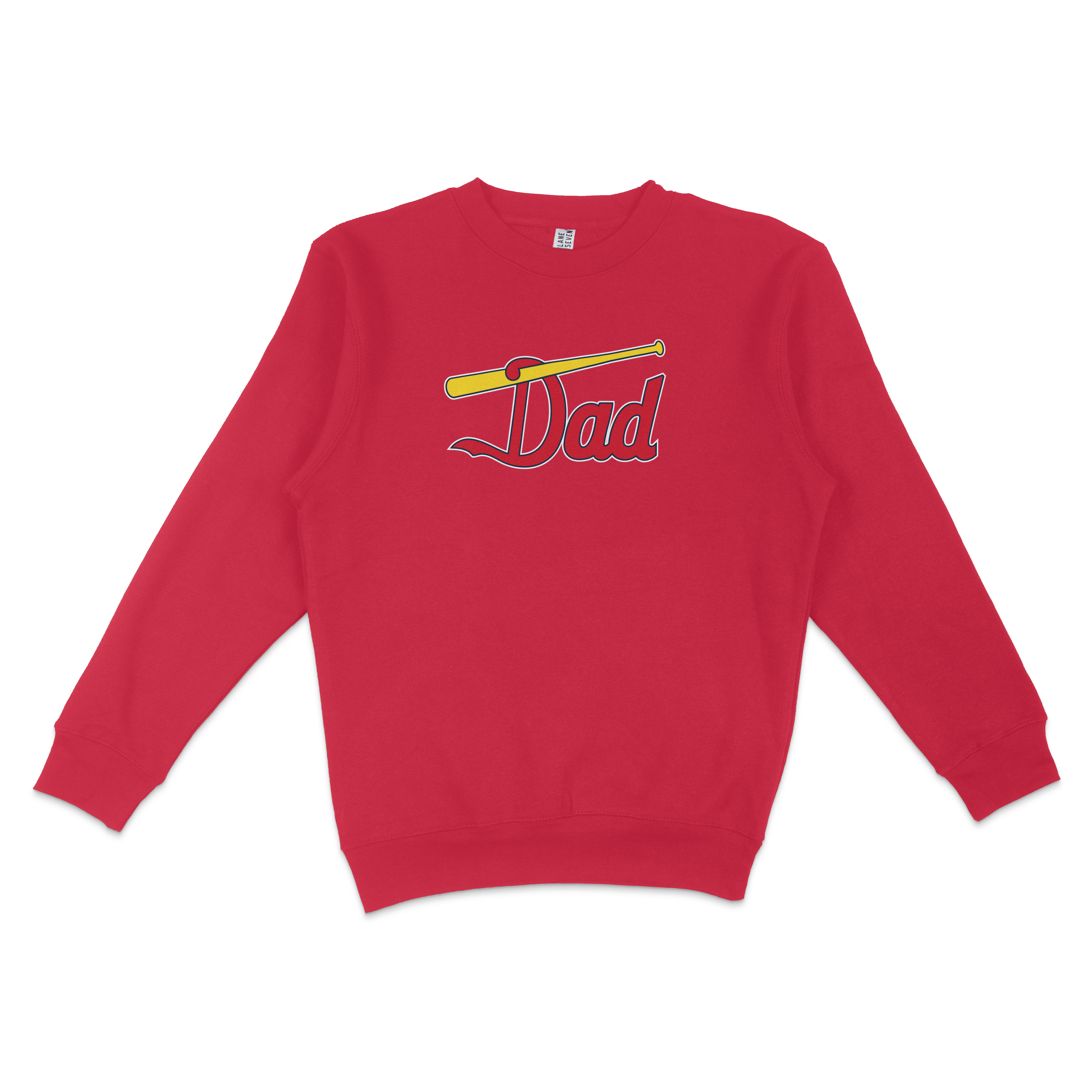 Red sweatshirt featuring "Dad" in bold lettering with a baseball bat graphic, perfect for St. Louis baseball fans.