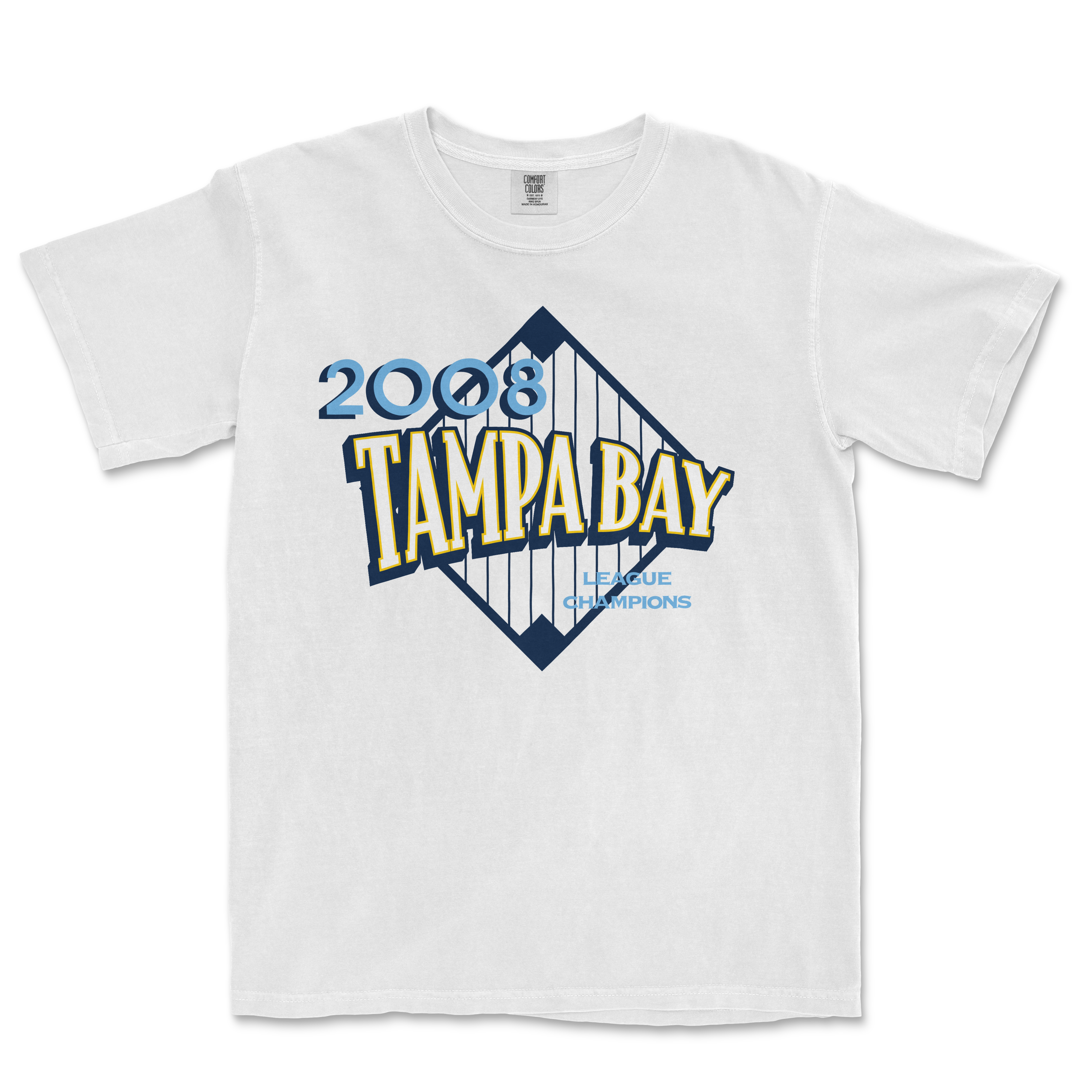 White T-shirt featuring a Tampa Bay Lightning 2008 League Champions graphic with a bridge illustration and bold yellow and blue text.