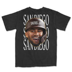 Fernando Tatis Jr. Head in the Game Series alternate t-shirt featuring a large graphic of Tatis Jr. with text design.