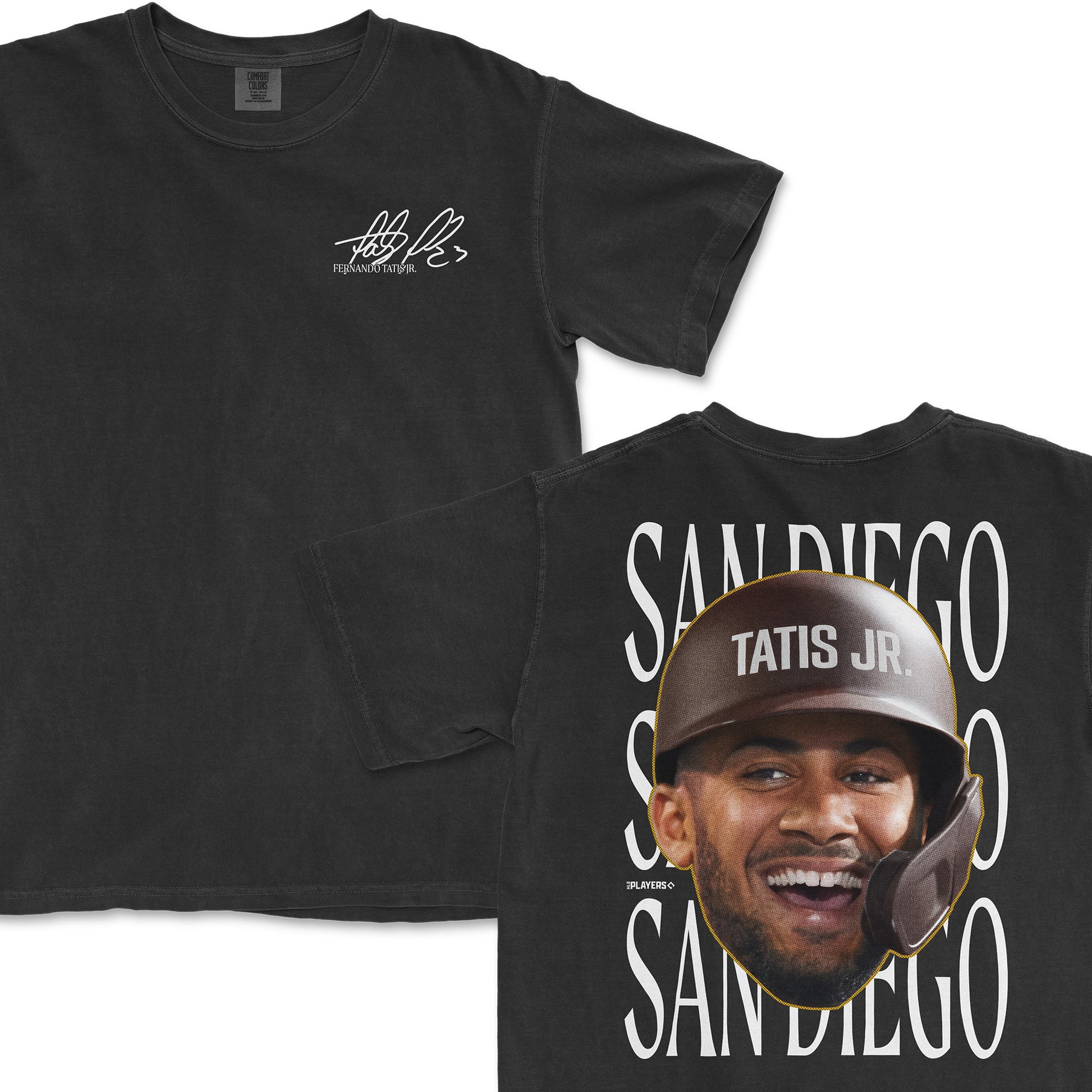 Fernando Tatis Jr. Head in the Game Series alternate t-shirt featuring his name and a large graphic of his face on the back.