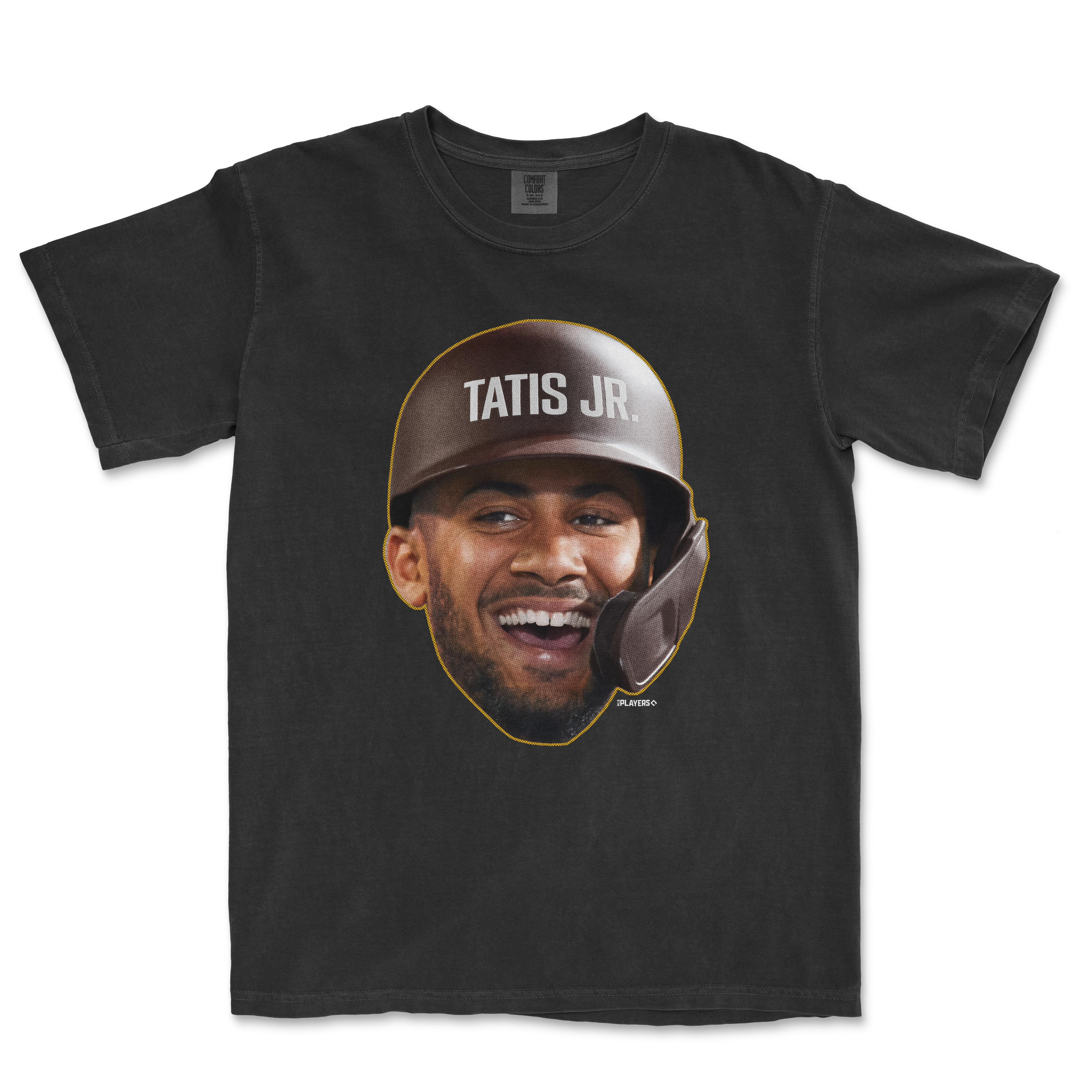 Black t-shirt featuring a graphic of Fernando Tatis Jr. smiling in a batting helmet, part of the Head in the Game Series.