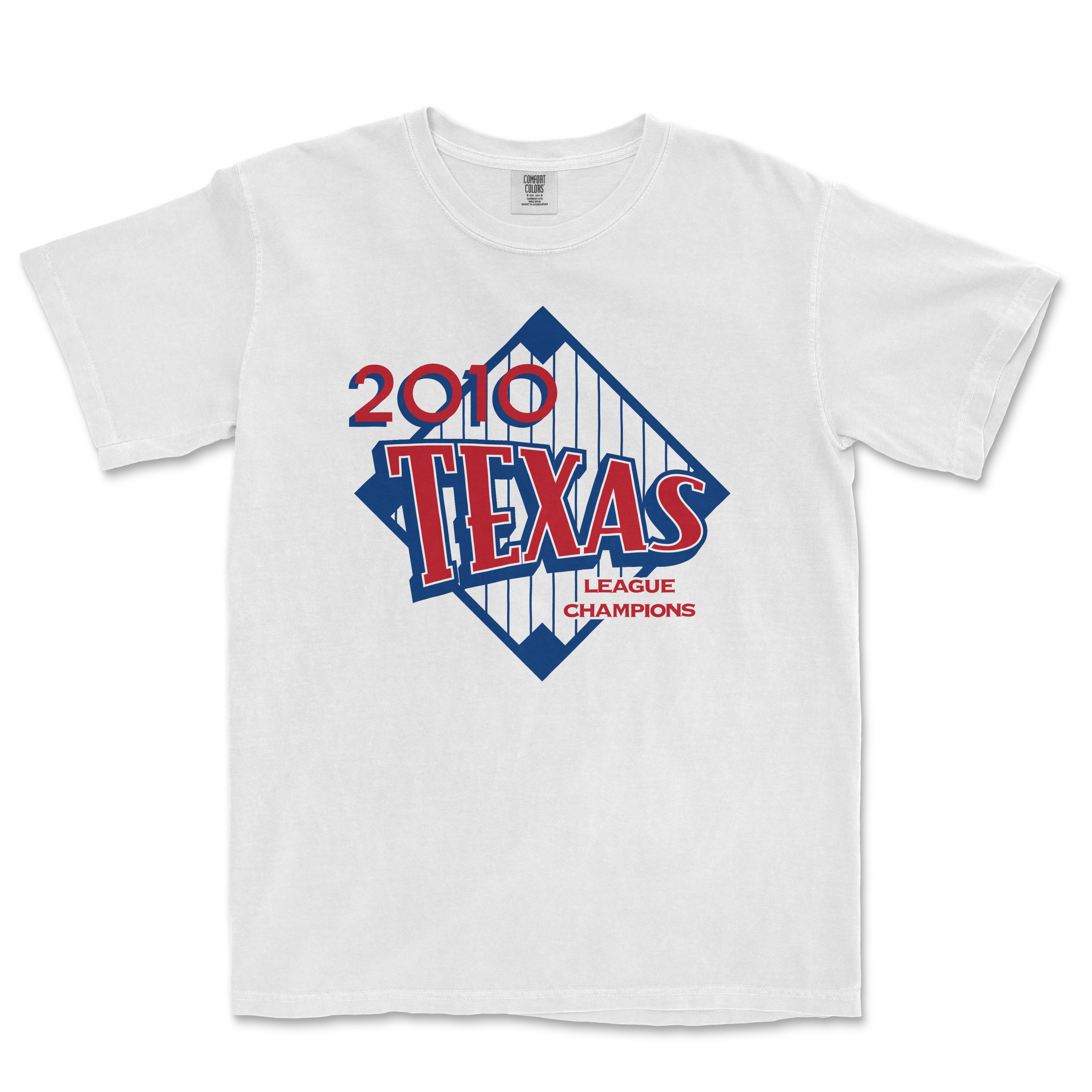 White T-shirt featuring a vintage-style graphic design celebrating the 2010 Texas League Champions, with bold red and blue text and graphics.
