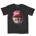 Black t-shirt featuring a large graphic of Mike Trout's smiling face with a red helmet and the name "TROUT" above.