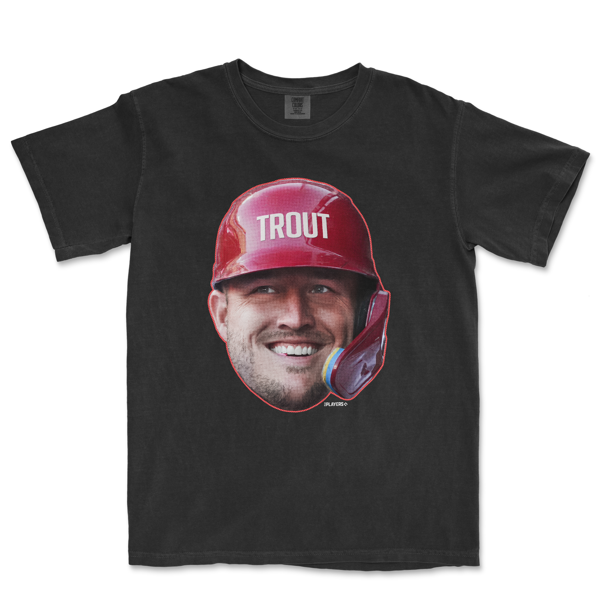 Black t-shirt featuring a large graphic of Mike Trout's smiling face with a red helmet and the name "TROUT" above.