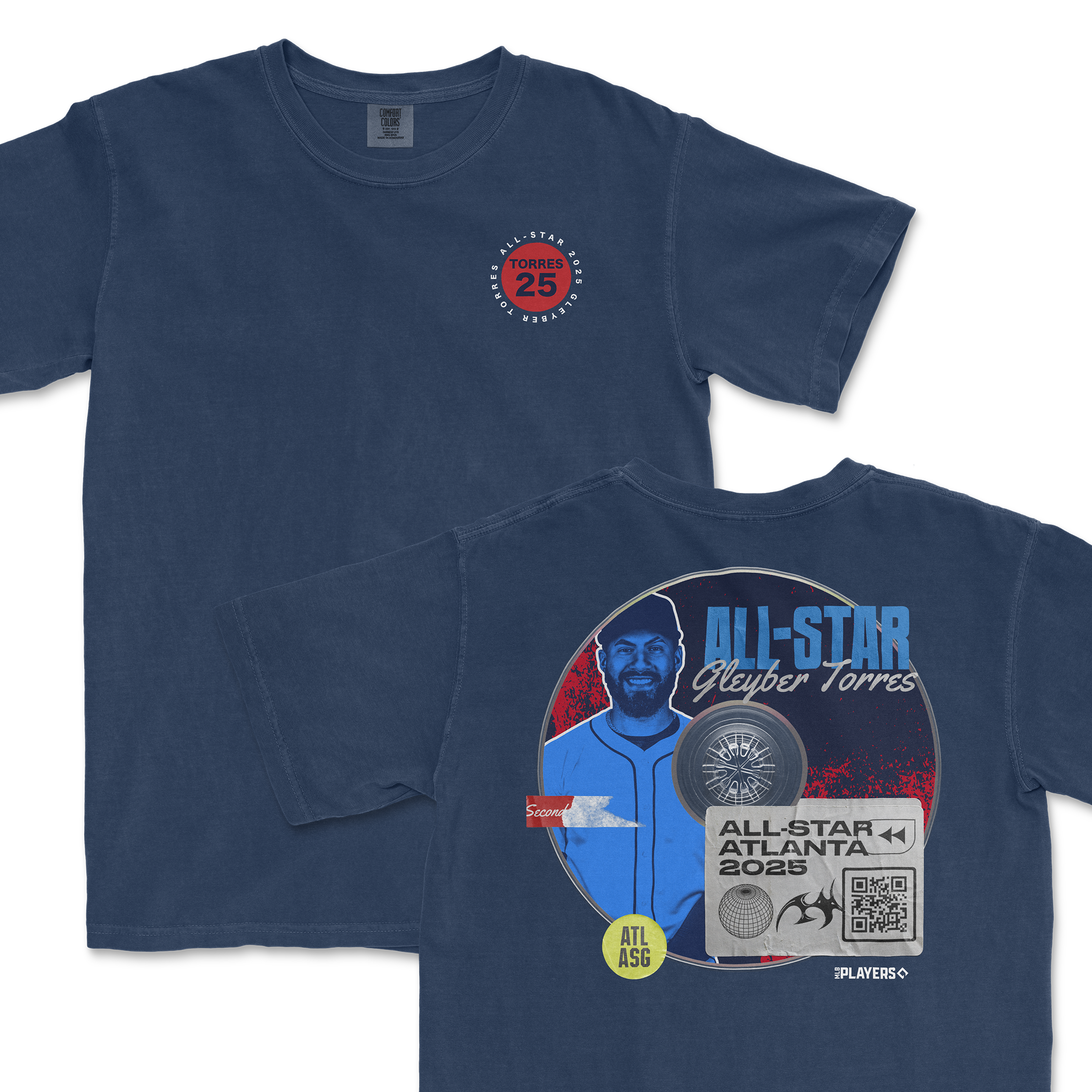 Navy blue t-shirt featuring Gleyber Torres graphic, All-Star 2025 logo, and Atlanta event details on the back.