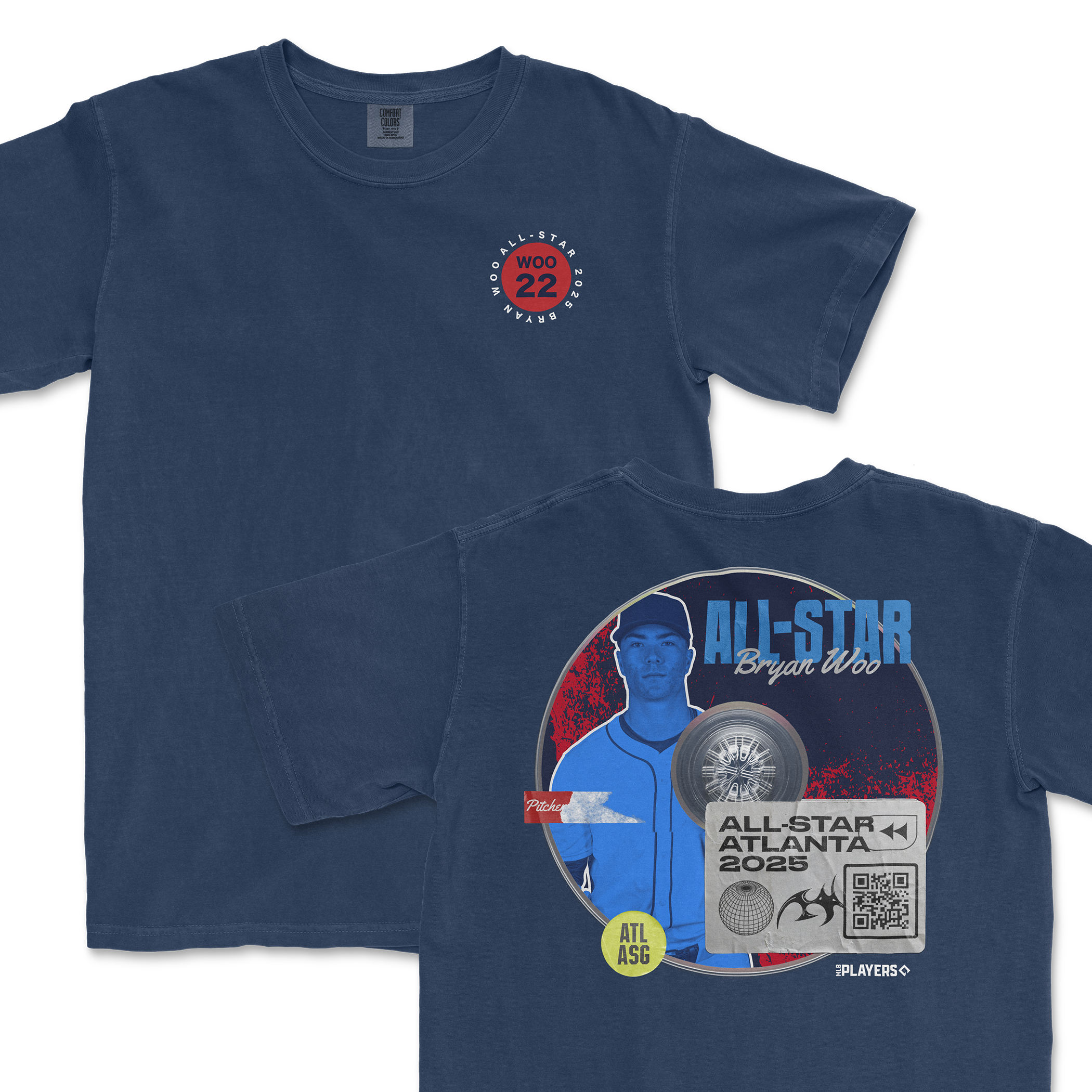 Navy blue t-shirt featuring Bryan Woo's name and All-Star 2025 graphic on the back, with player details and QR code.