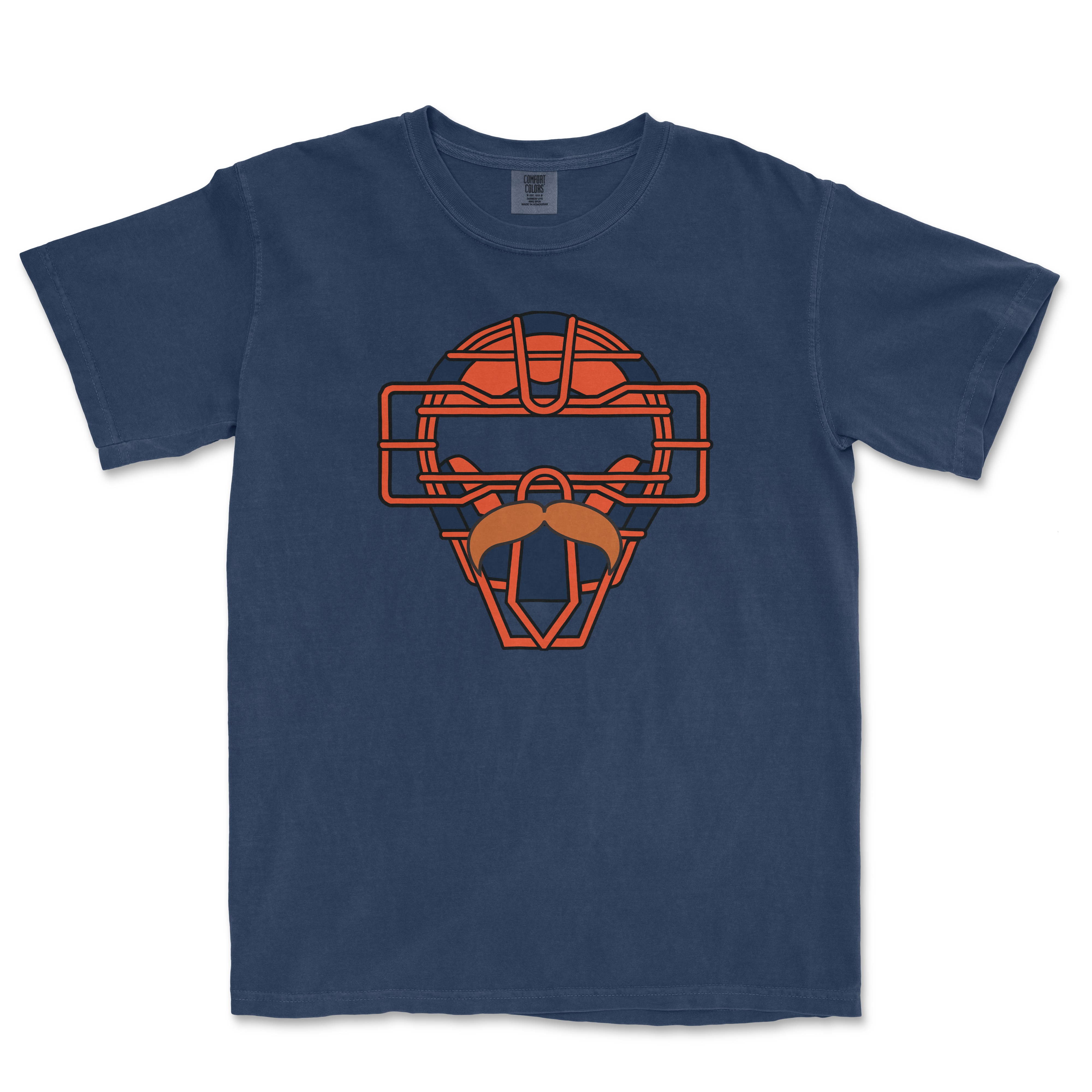 Blue Comfort Colors T-shirt featuring a graphic design of a stylized hockey mask with a mustache and orange accents.