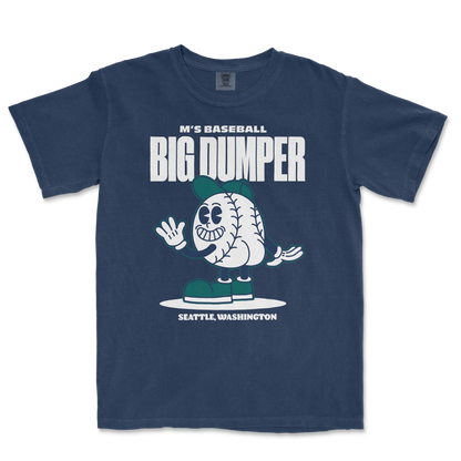 Navy t-shirt featuring a cartoon baseball character named Big Dumper, with text reading "M's Baseball" and "Seattle, Washington.
