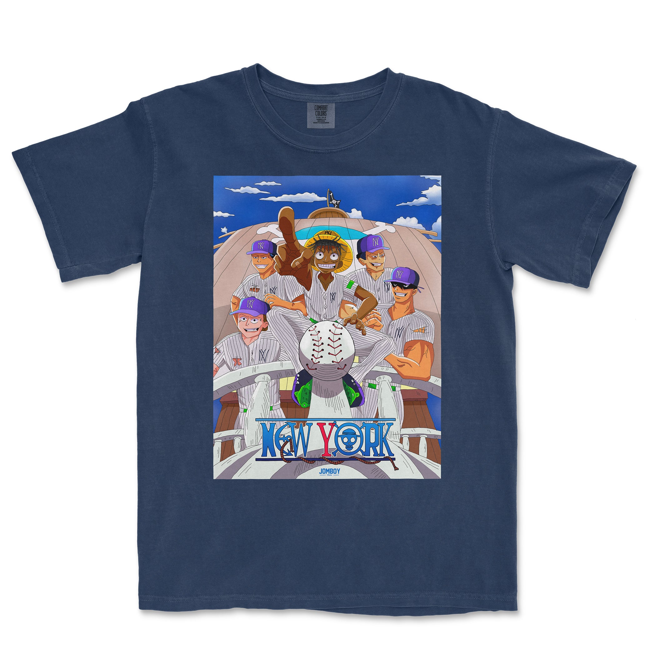Comfort Colors tee featuring a colorful animated baseball team with "New York" text and a baseball-themed design on a navy background.
