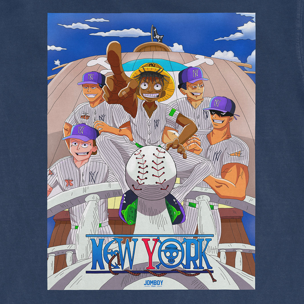 Anime-style illustration of baseball players in striped uniforms with purple caps, featuring a baseball with a skull logo and "New York" text.