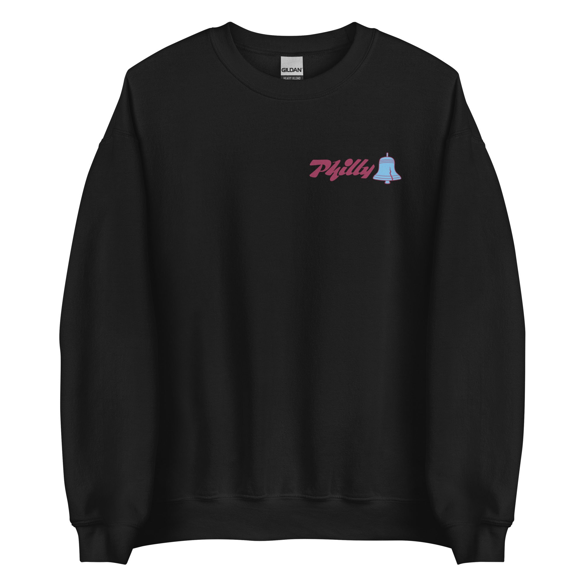 Black crewneck sweatshirt featuring a pink "Philly" text and a blue bell graphic on the upper left chest.