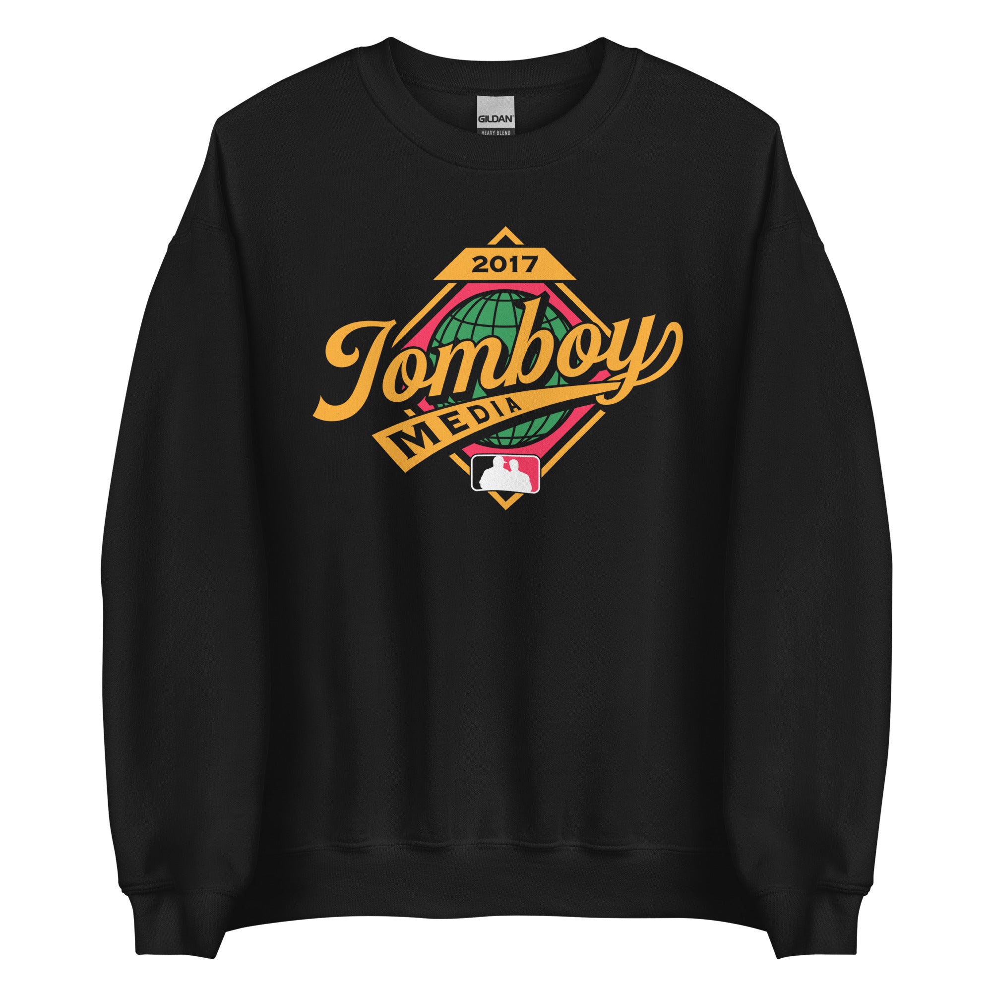 Black crewneck sweatshirt featuring a colorful "Tomboy Media" logo with a globe, year 2017, and MLB emblem.