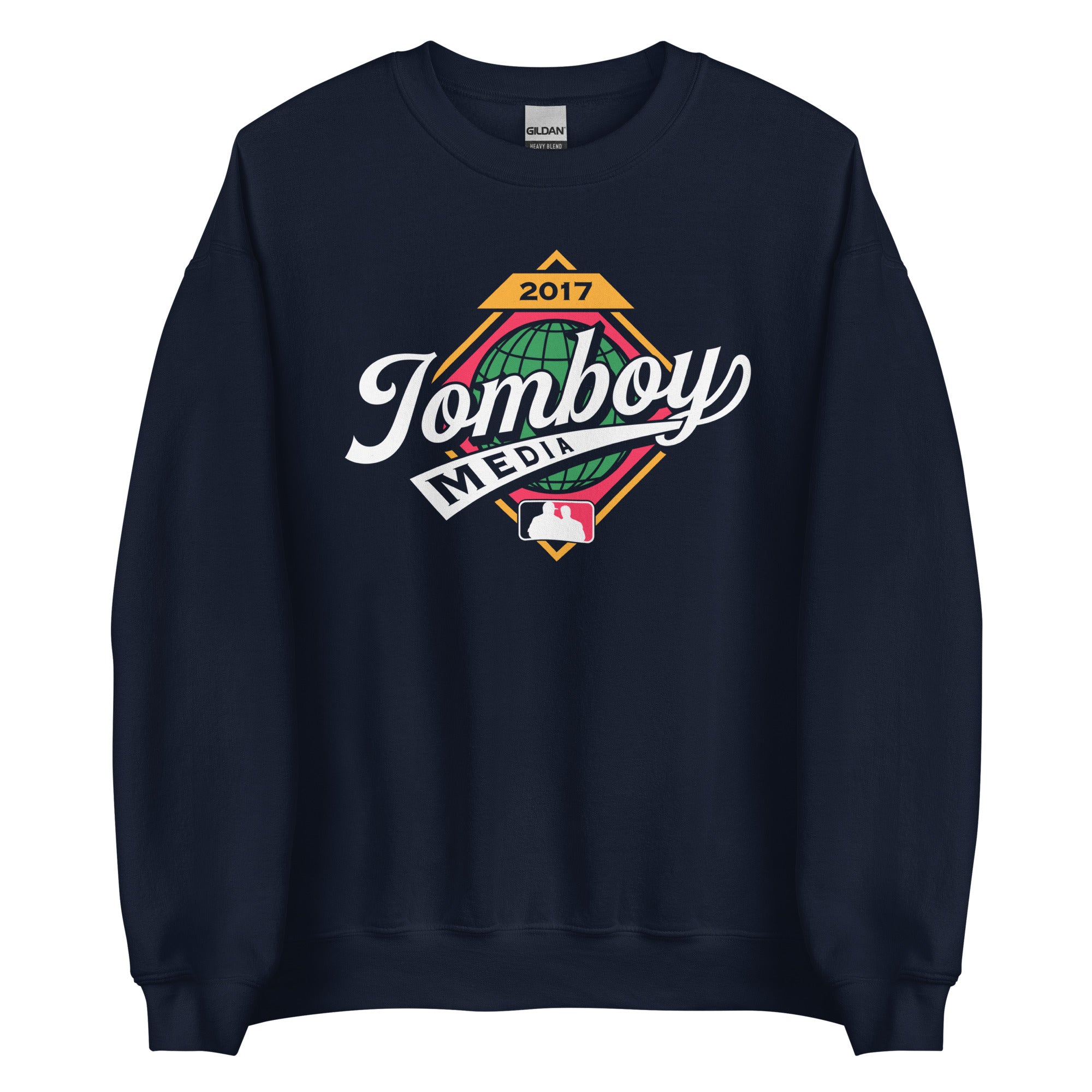 Navy crewneck sweatshirt featuring a colorful "Tomboy Media" logo with a globe, year 2017, and NBA logo design.