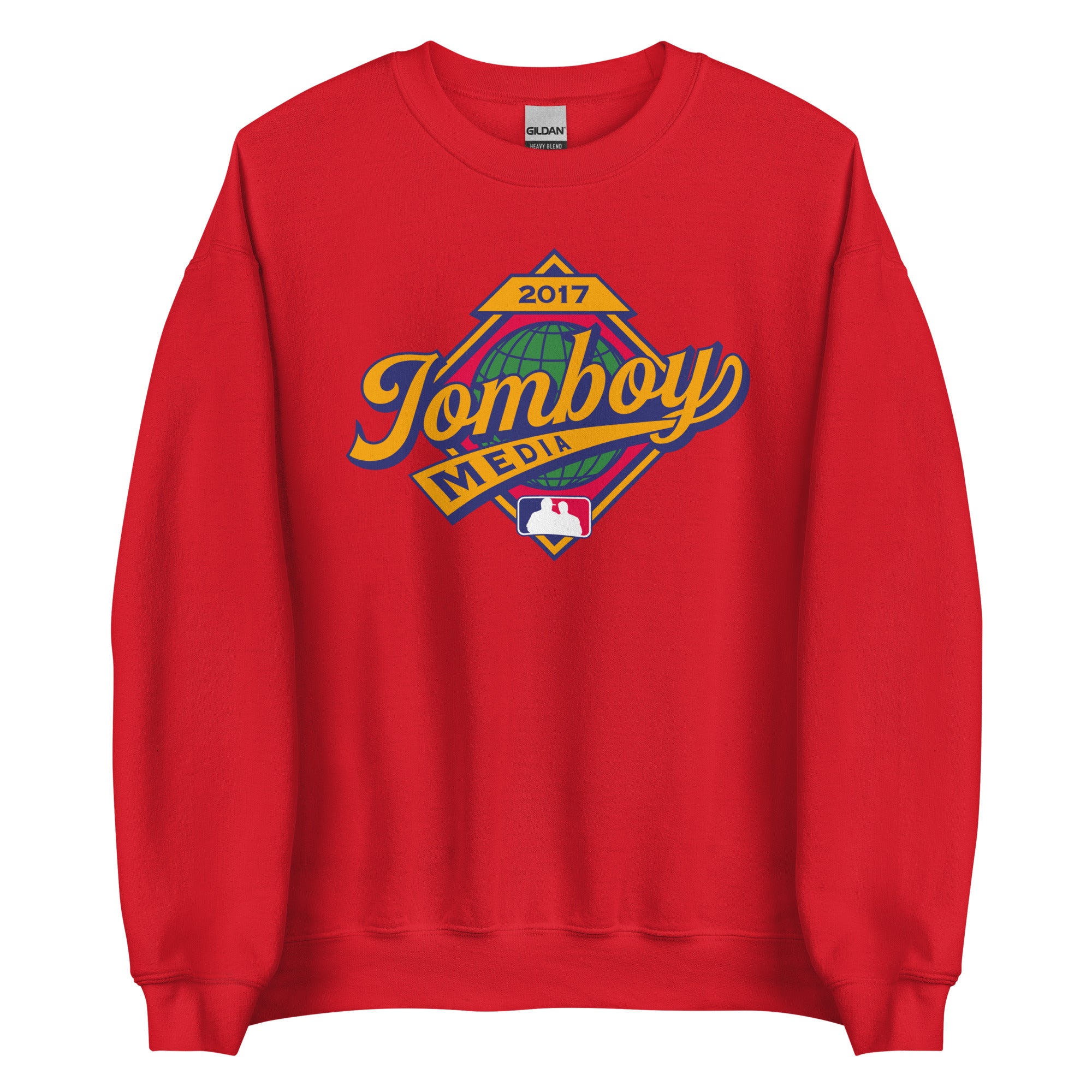 Red crewneck sweatshirt featuring a colorful "Jomboy Media" logo with a globe, MLB logo, and "2017" text for Fall Classic.