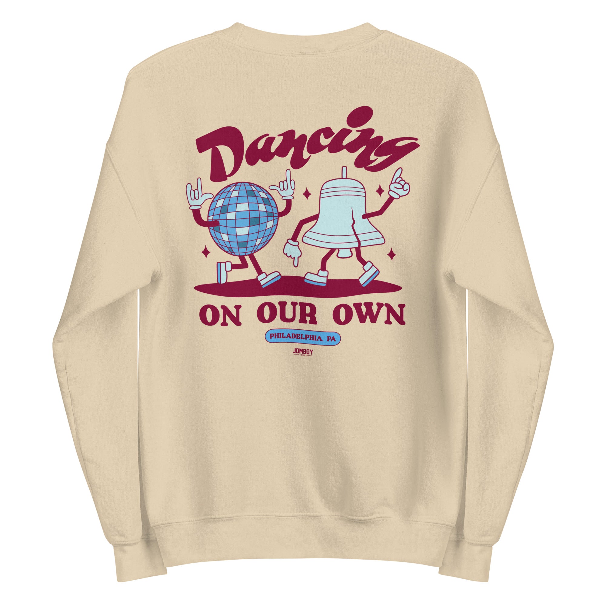 Beige crewneck sweatshirt featuring cartoon dancing characters, "Dancing On Our Own" slogan, and "Philadelphia, PA" text.
