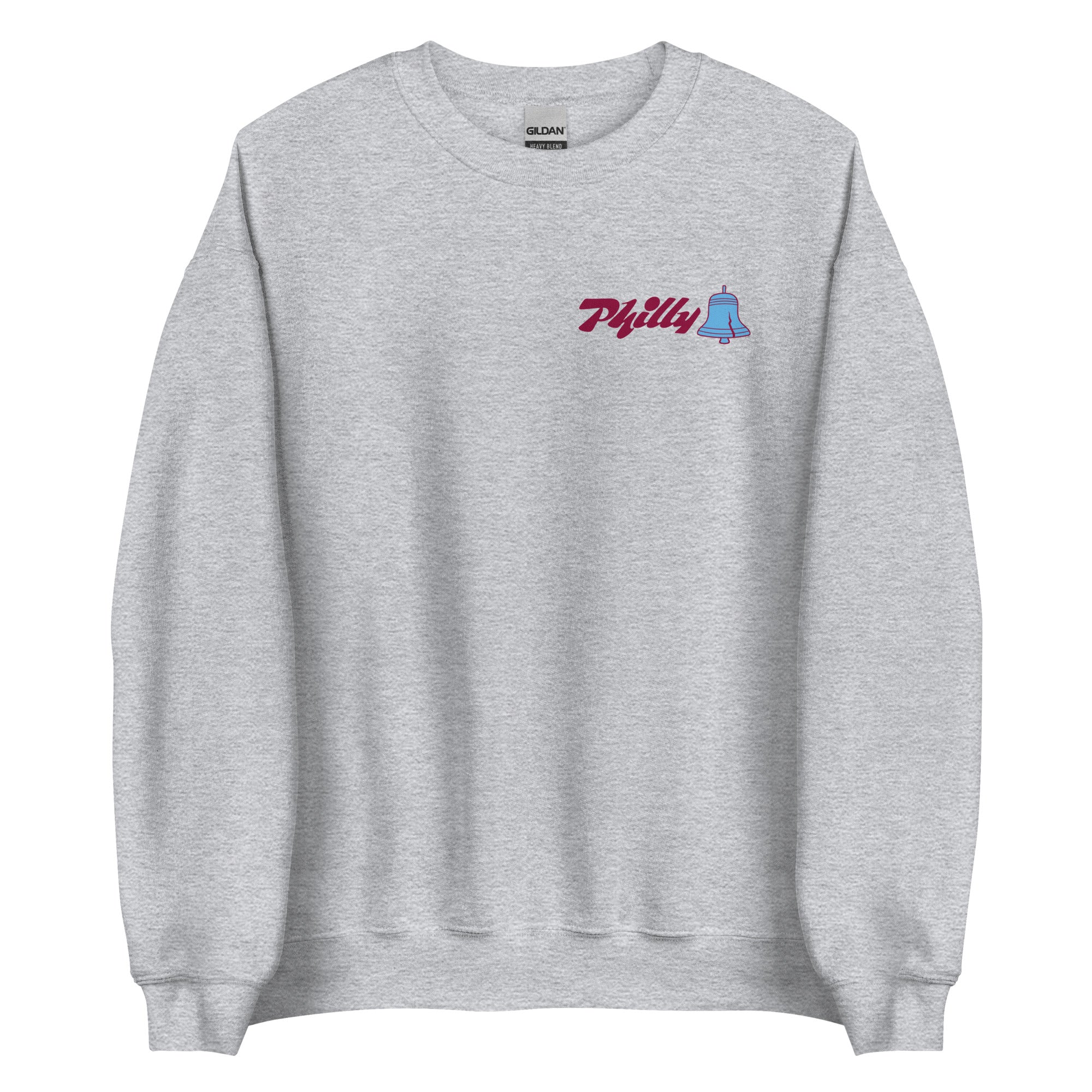 Light gray crewneck sweatshirt featuring a small "Philly" text and bell graphic on the upper left chest area.