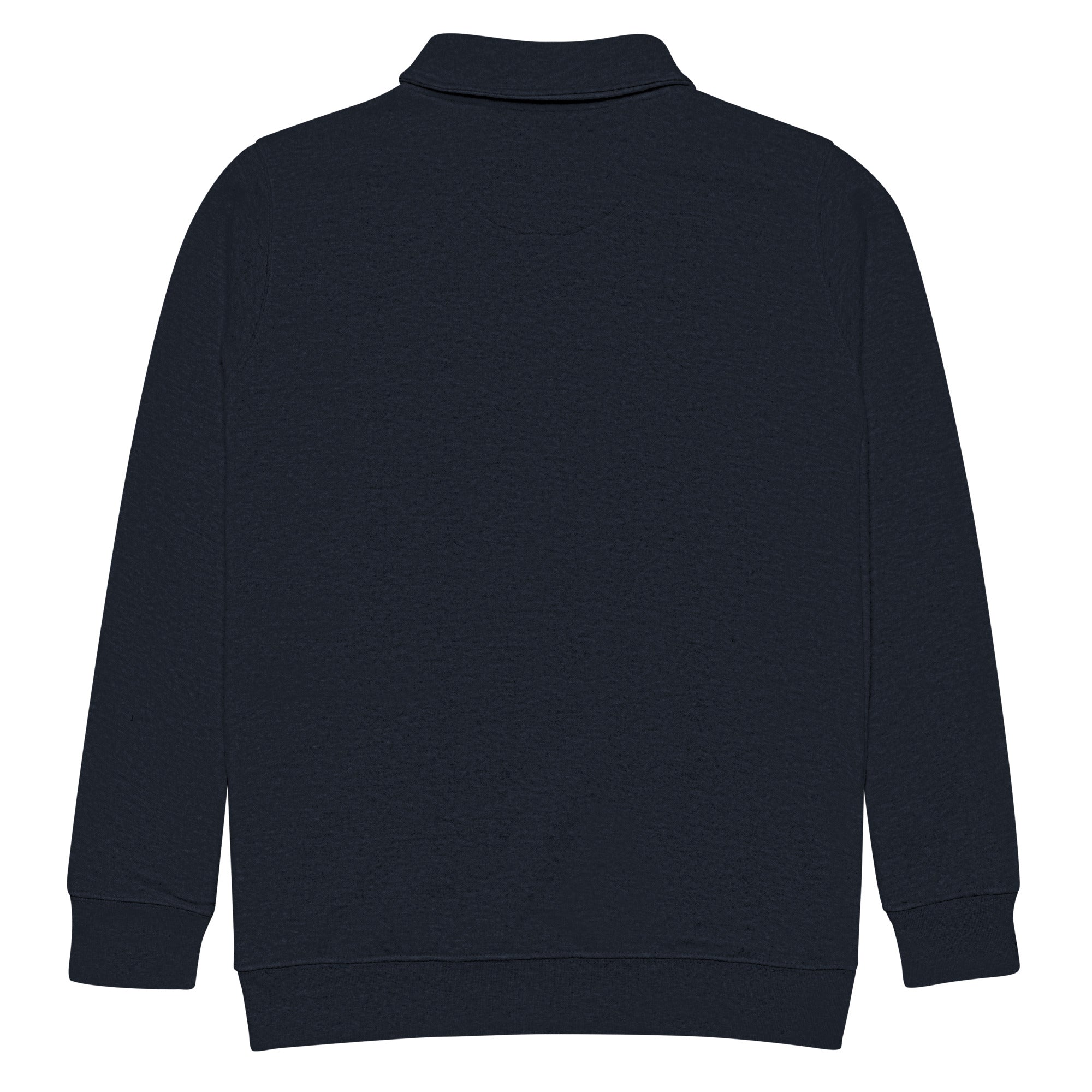Back view of a navy fleece quarter zip jacket featuring the JM Coat of Arms embroidered on the chest.