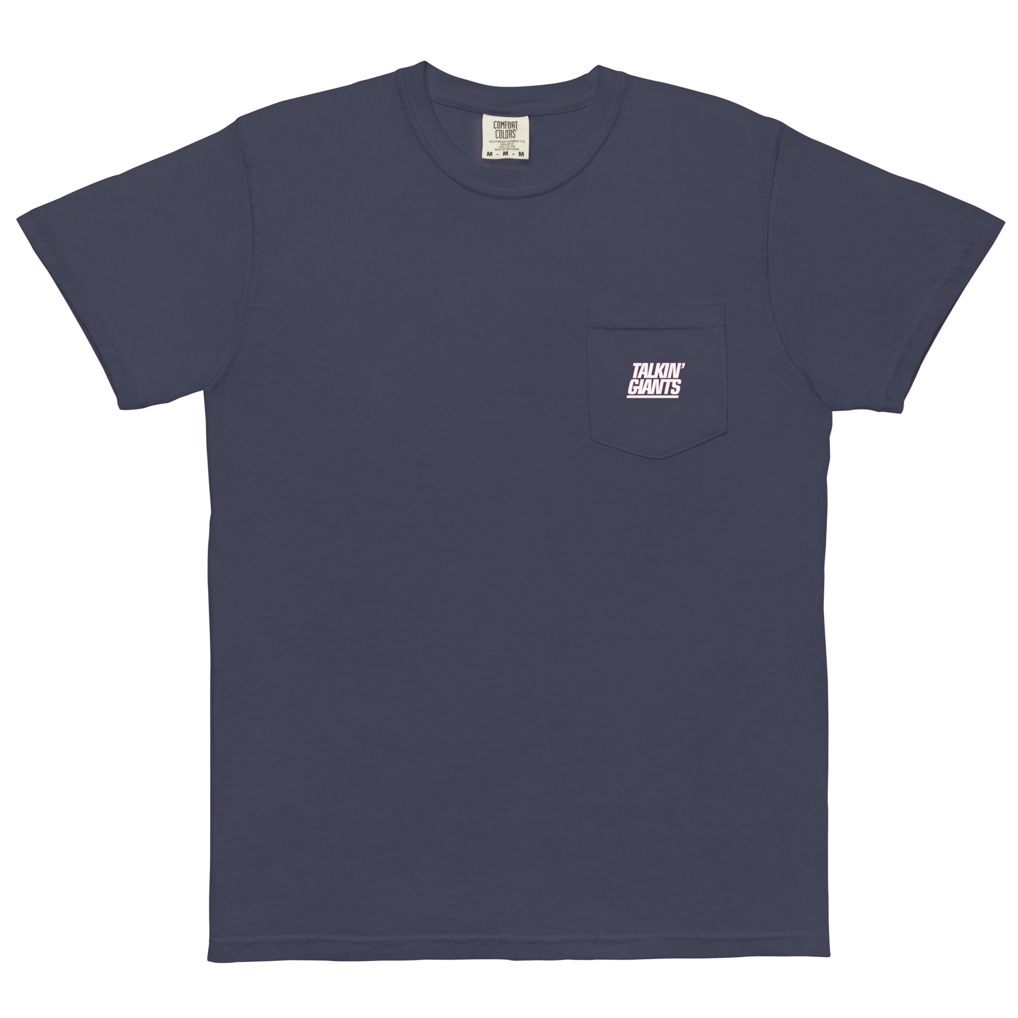 Navy blue T-shirt with a small chest pocket featuring the "Talkin' Giants" logo in white and pink text.