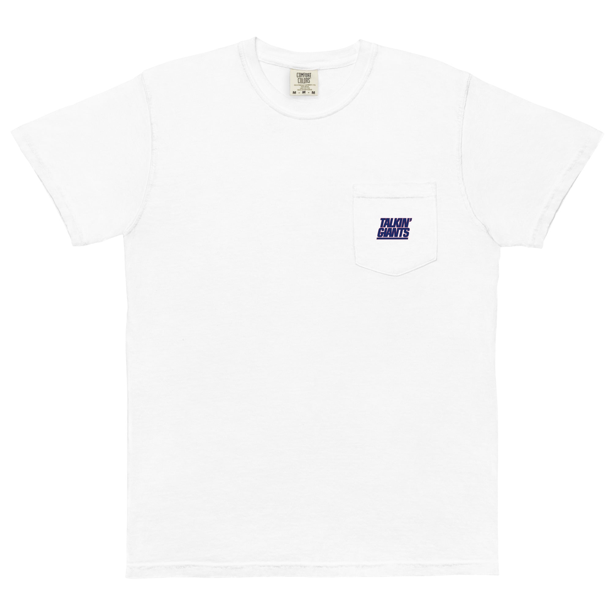 White T-shirt with a small front pocket featuring the "Talkin' Giants" logo in blue and purple text.