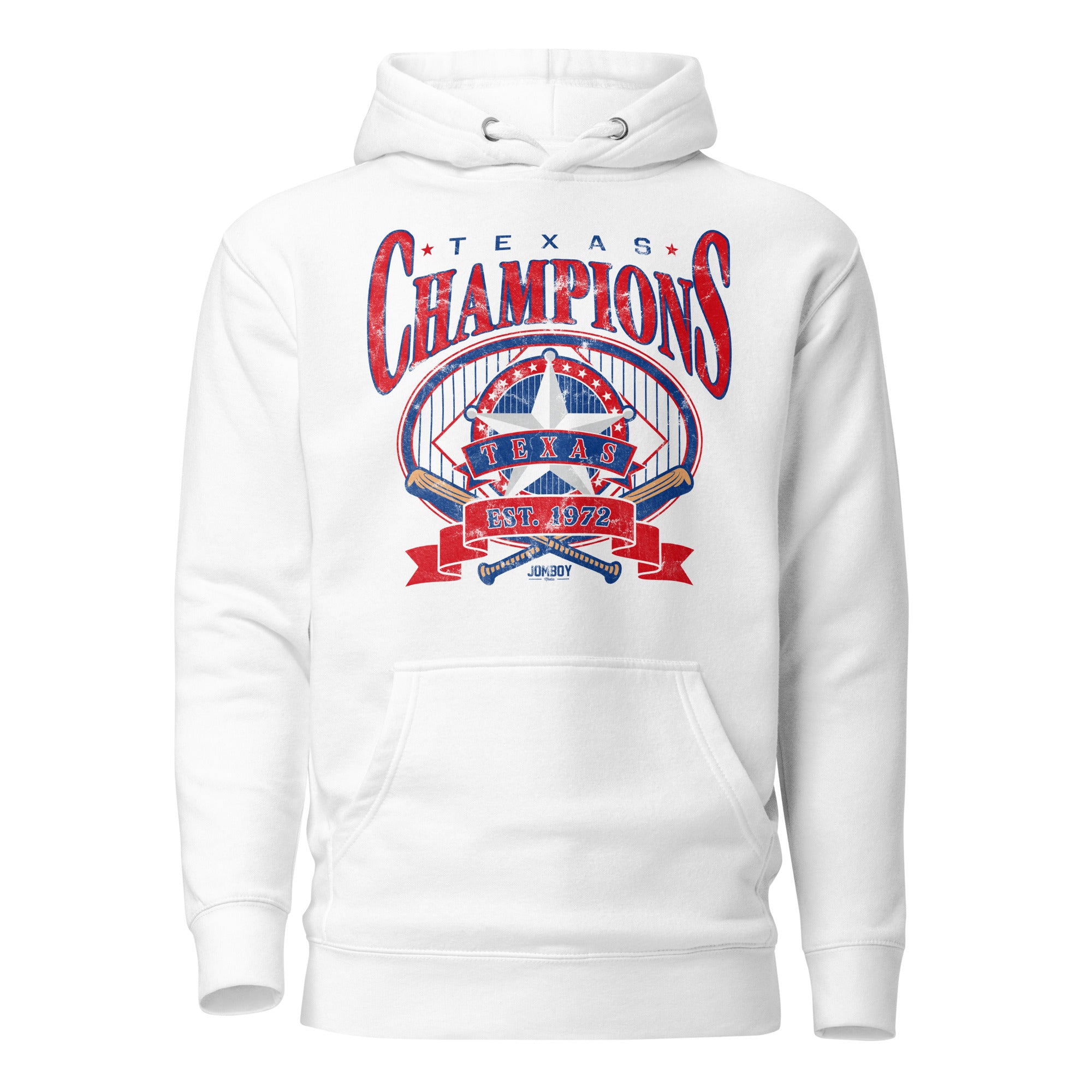 White premium cotton hoodie featuring a bold red, blue, and white Texas Champions graphic with stars, a star emblem, and "Est. 1972" text.