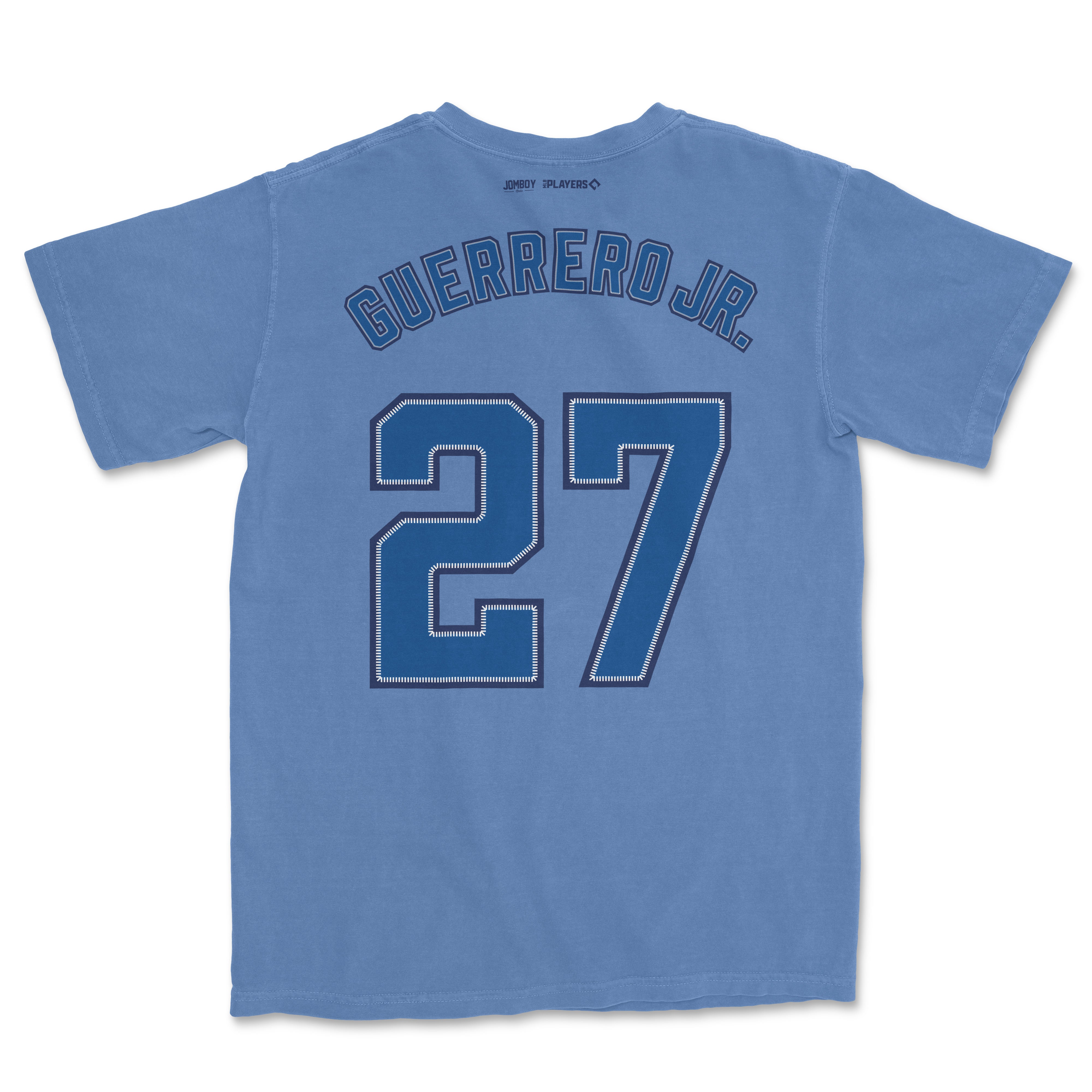 Blue Vladimir Guerrero Jr. baseball jersey with his name, number 27, printed on the back in bold, outlined letters.