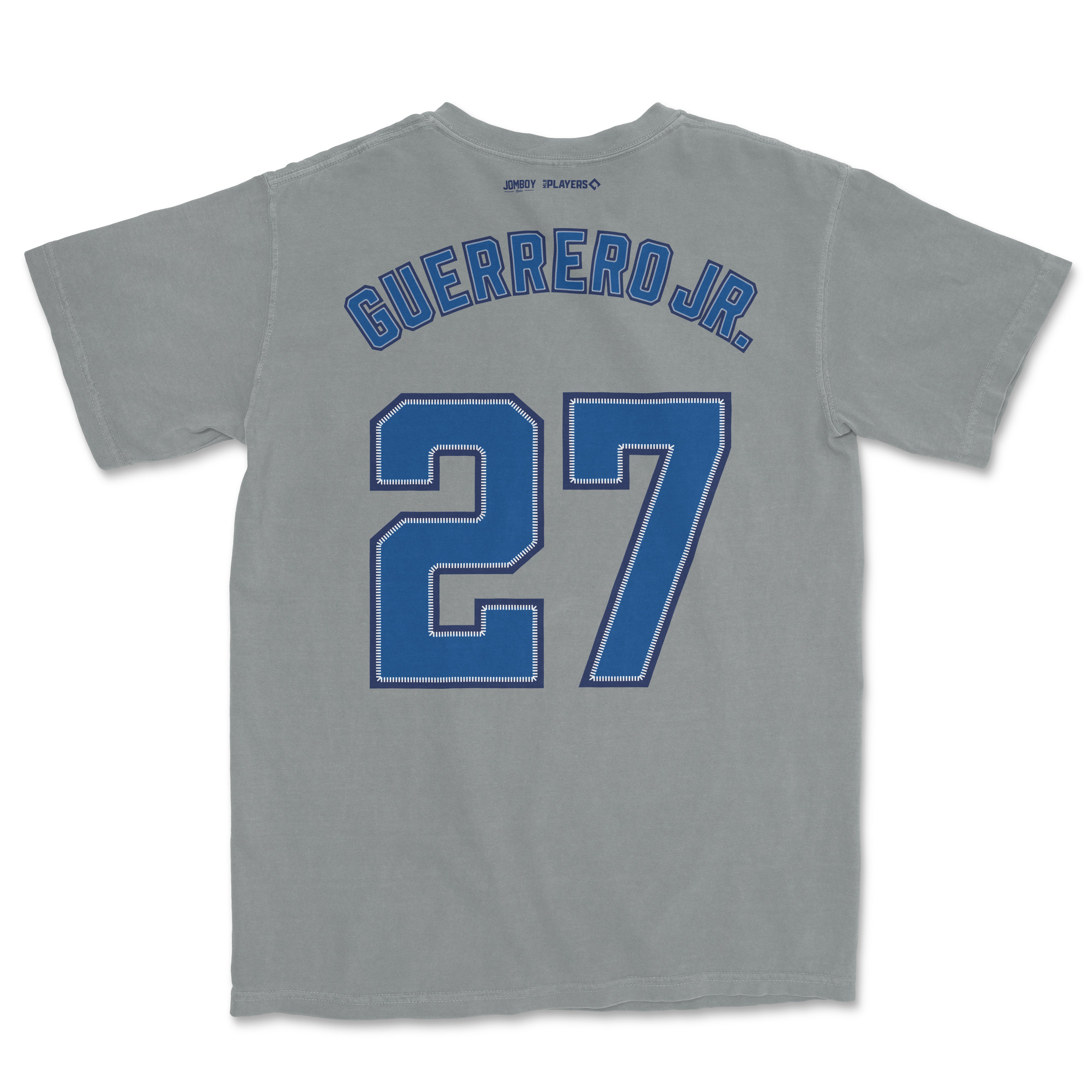 Gray Vladimir Guerrero Jr. baseball jersey with blue number 27 and "GUERRERO JR." on the back.