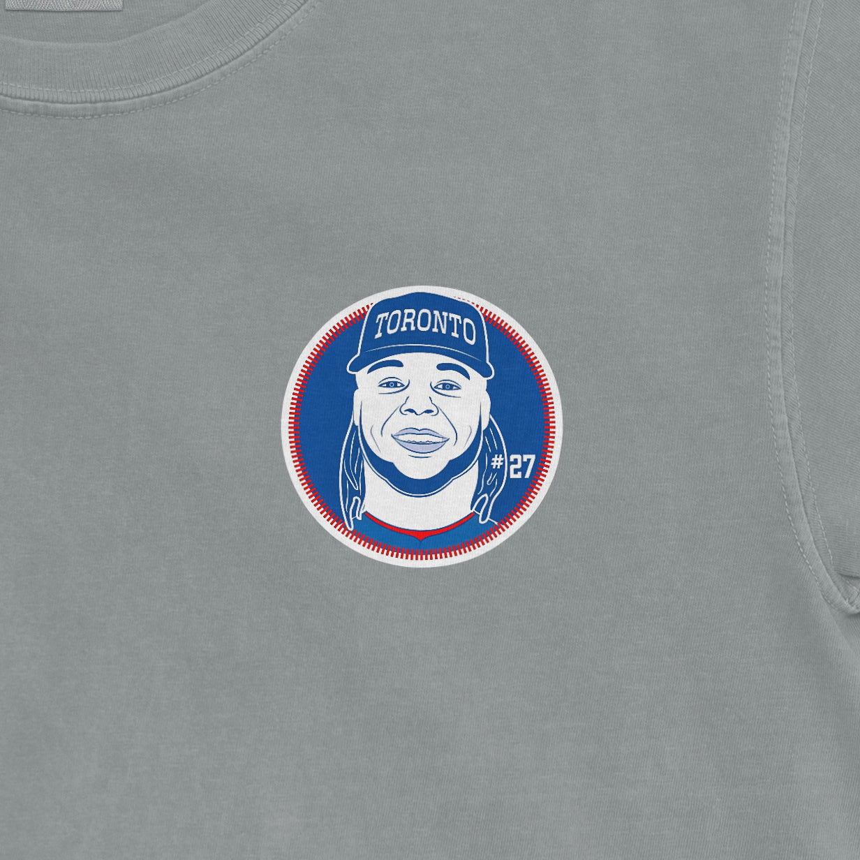 Gray Vladimir Guerrero Jr. shirsey featuring a Toronto Blue Jays logo with a stylized portrait and the number 27.