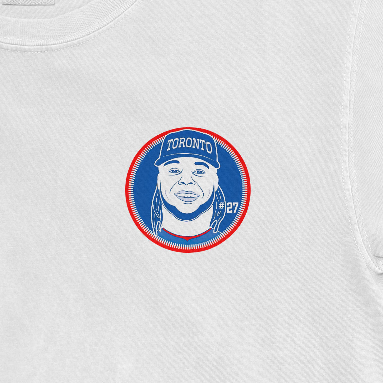 Vladimir Guerrero Jr. Toronto Blue Jays shirsey with a graphic of a person's face wearing a Toronto cap, featuring the number 27.