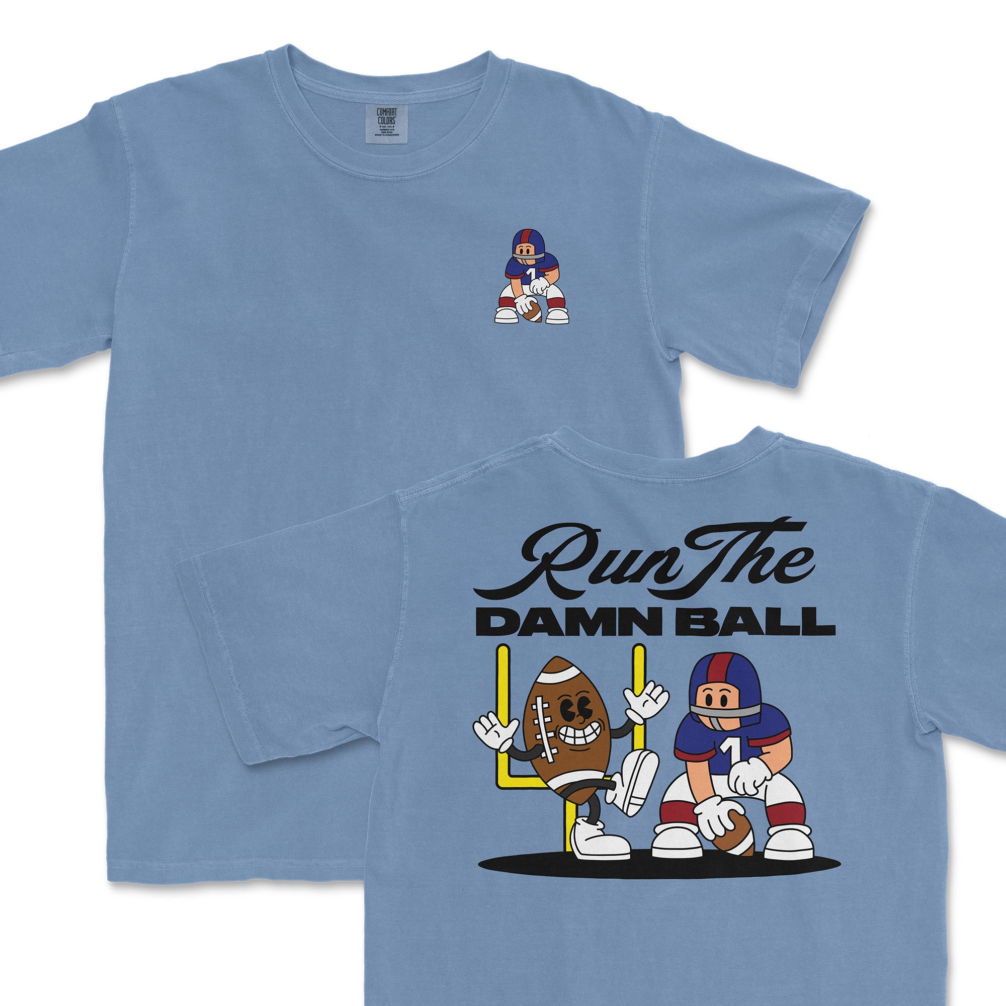 Blue t-shirt featuring a cartoon football player with a football and the phrase "Run The Damn Ball" on the back.
